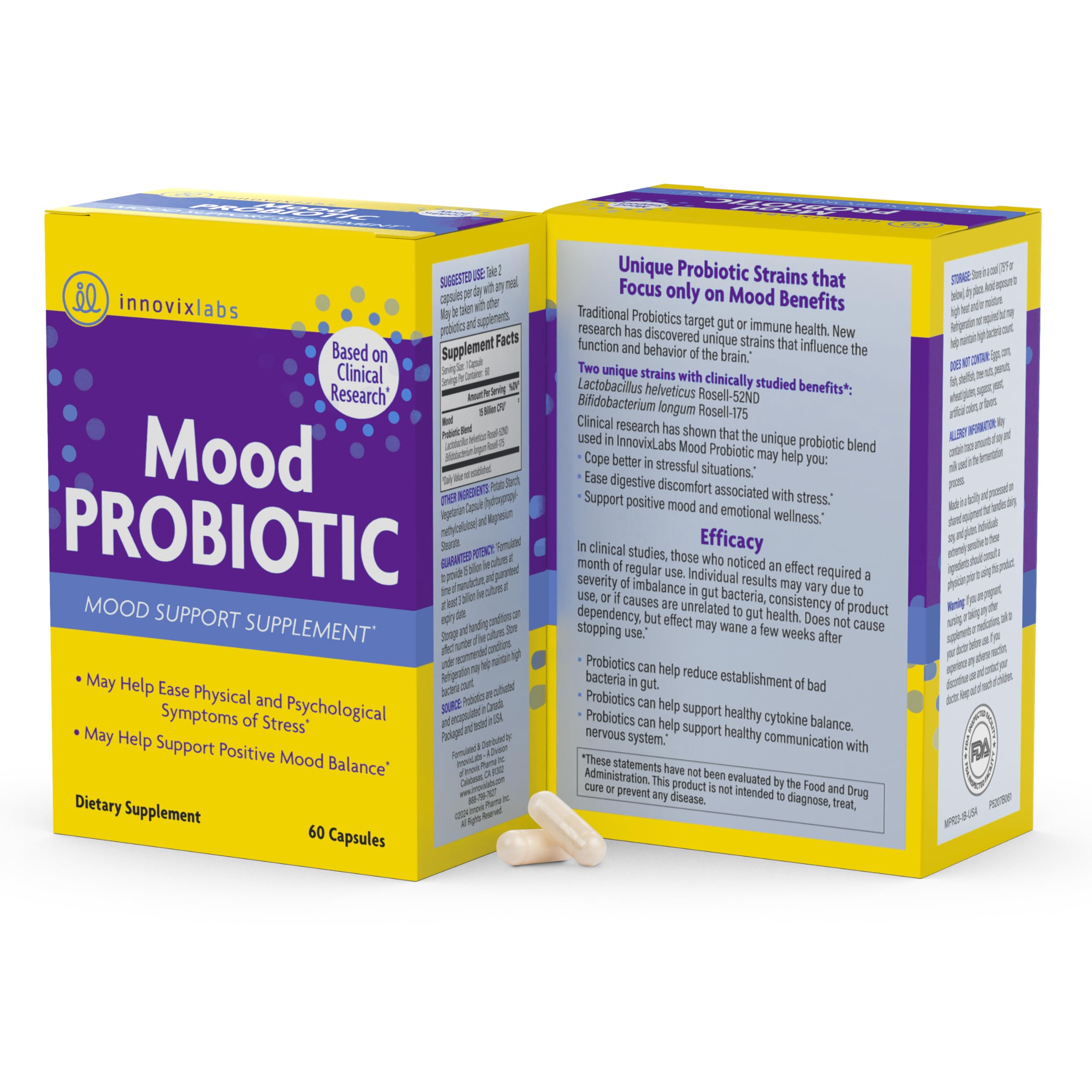 InnovixLabs Mood Probiotic for Women & Men, Clinically Studied Digestive & Mood Support Supplement, Lactobacillus helveticus Rosell-52ND & Bifidobacterium longum Rosell-175, 60 Capsules