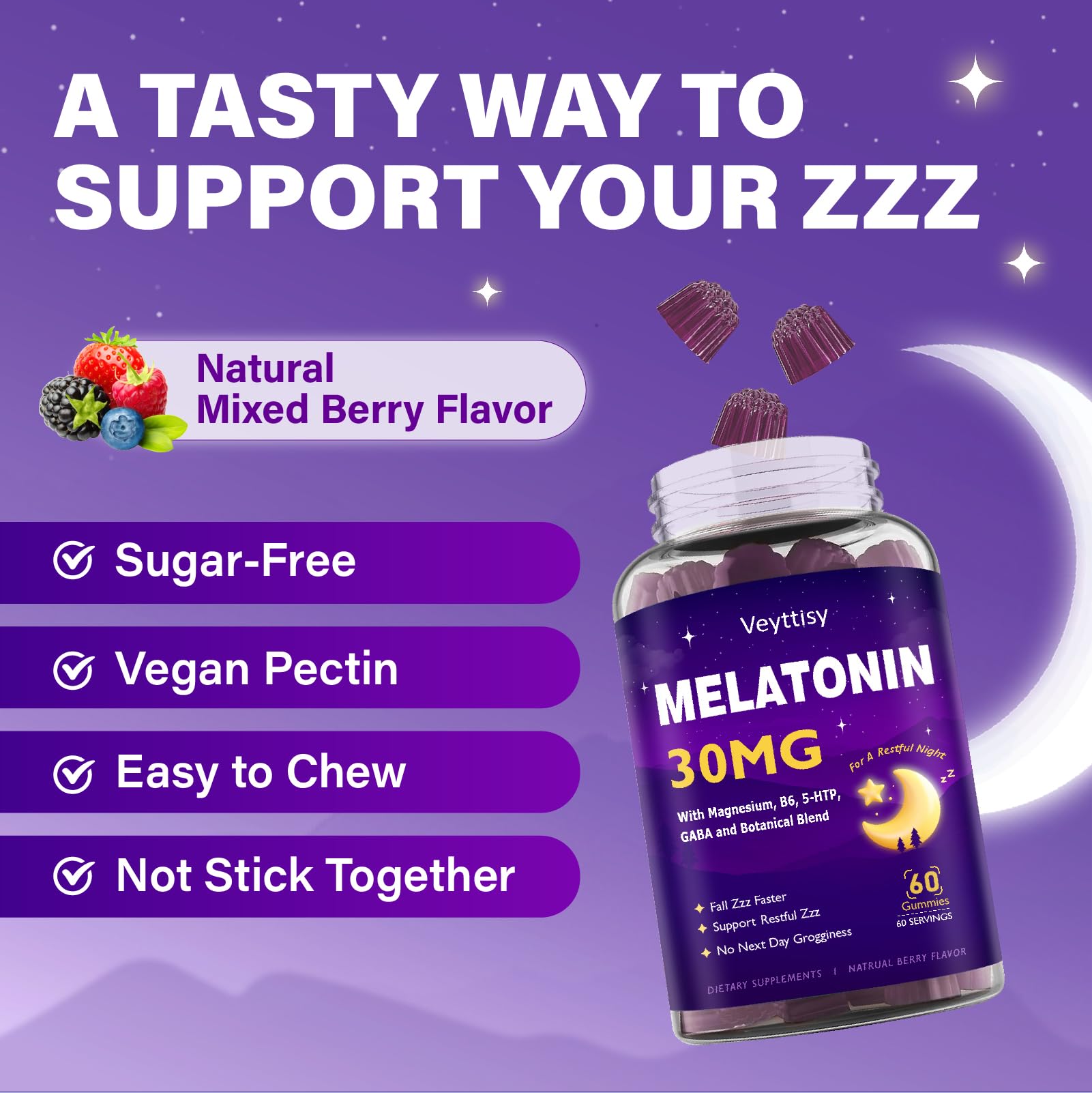 Veyttisy Melatonin 30mg Gummies for Adults - Sugar Free Melatonin Gummies Maximum Strength with Magnesium, B6, GABA & Botanical Blend - Non-Habit Forming,Vegan, Non GMO, Natural Mixed Berry Flavor