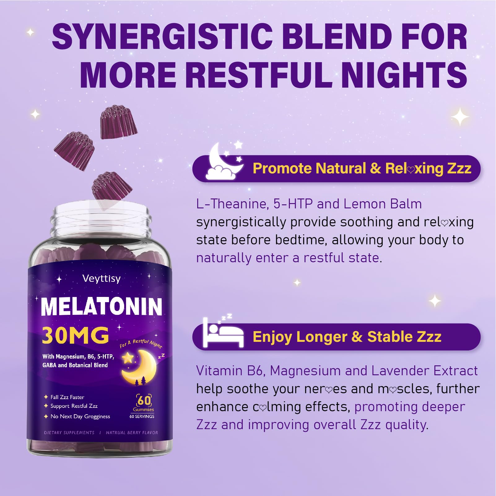 Veyttisy Melatonin 30mg Gummies for Adults - Sugar Free Melatonin Gummies Maximum Strength with Magnesium, B6, GABA & Botanical Blend - Non-Habit Forming,Vegan, Non GMO, Natural Mixed Berry Flavor