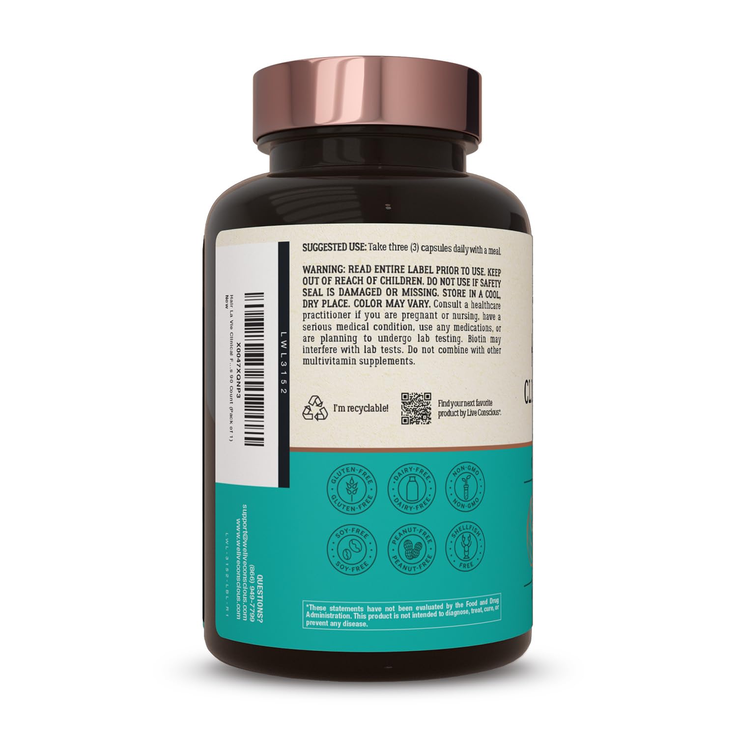 Hair La Vie Live Conscious Clinical Formula Hair Growth Vitamins for Women and Men w/Biotin, Collagen & Saw Palmetto (Pack of 1)