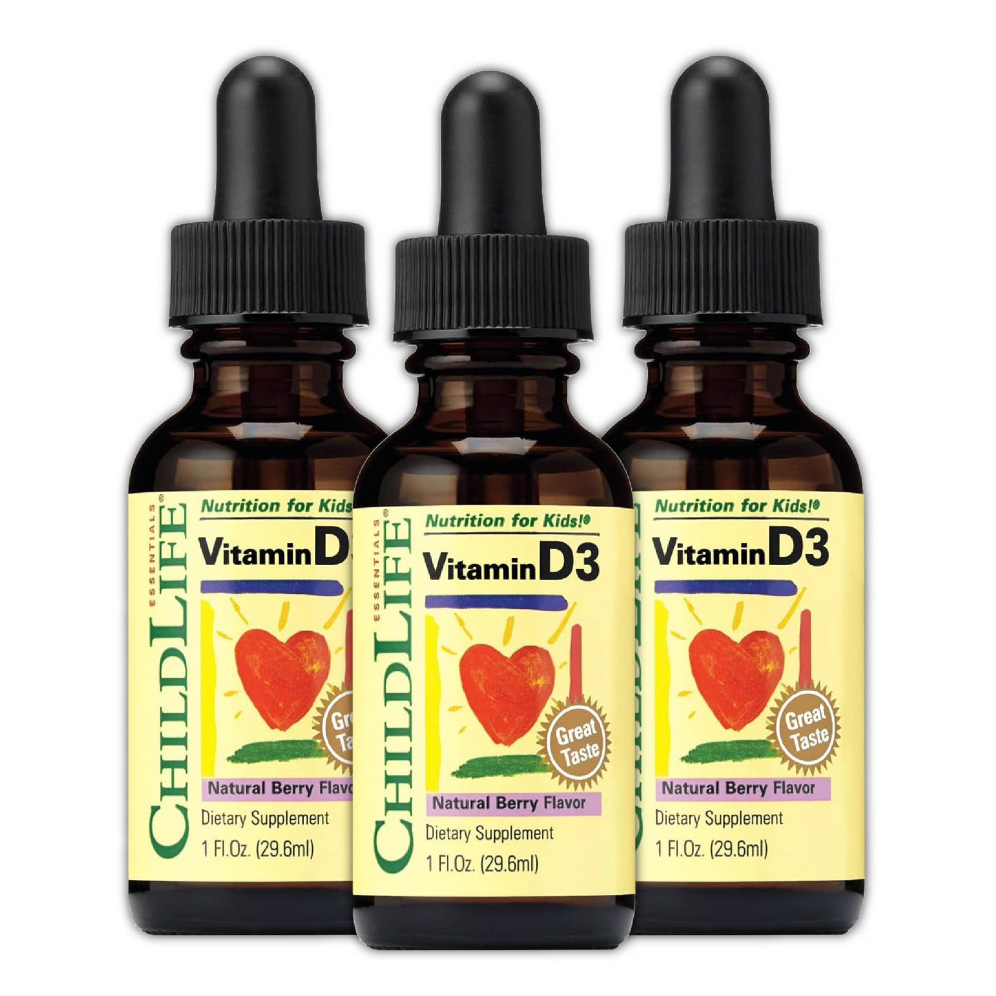 CHILDLIFE ESSENTIALS Vitamin D3 Drops for Kids, Children, & Toddlers - Liquid Vitamin D Drops, 500 IU per Drop, Immune & Bone Health Support, Natural Berry - 1 Fl Oz (Pack of 3)