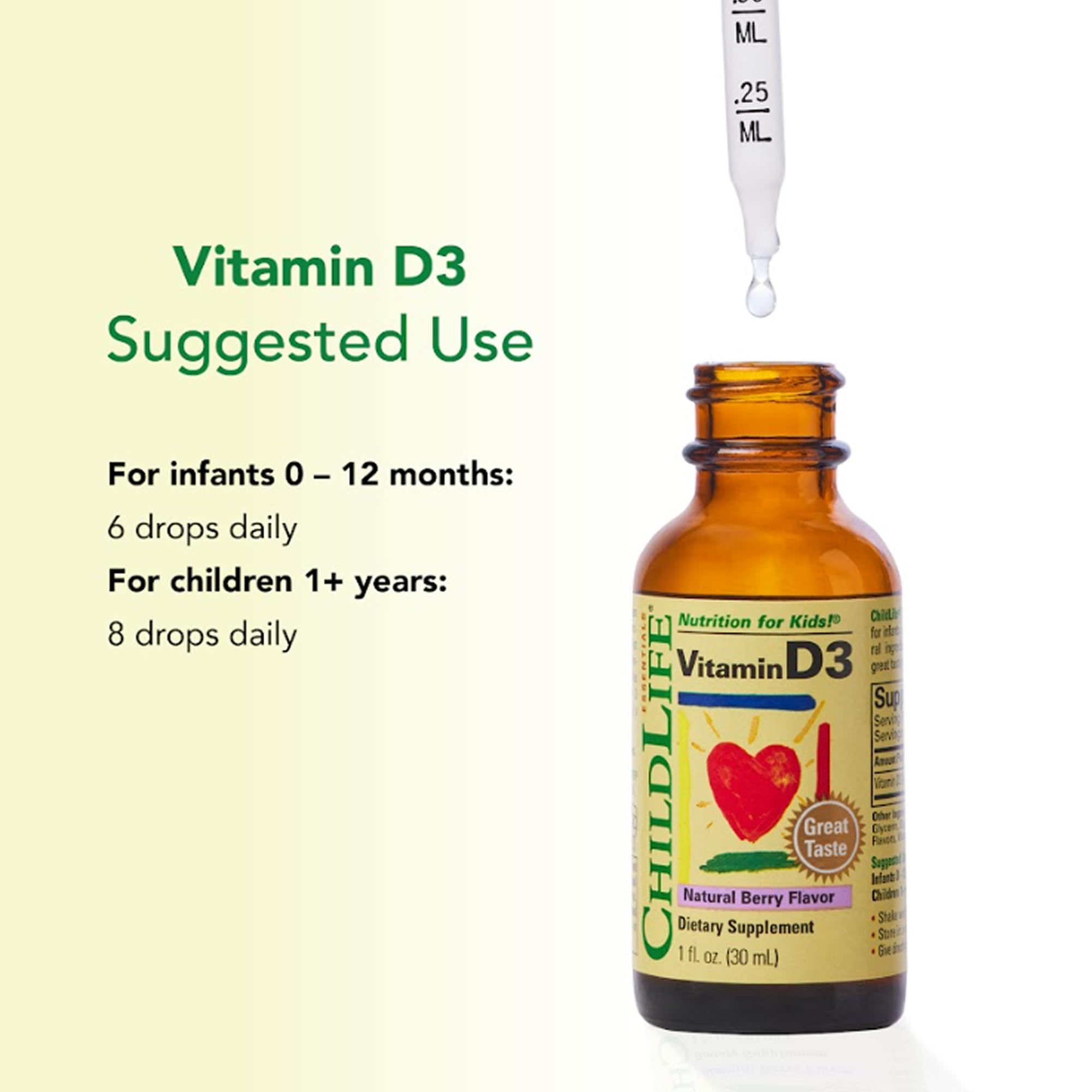 CHILDLIFE ESSENTIALS Vitamin D3 Drops for Kids, Children, & Toddlers - Liquid Vitamin D Drops, 500 IU per Drop, Immune & Bone Health Support, Natural Berry - 1 Fl Oz (Pack of 3)