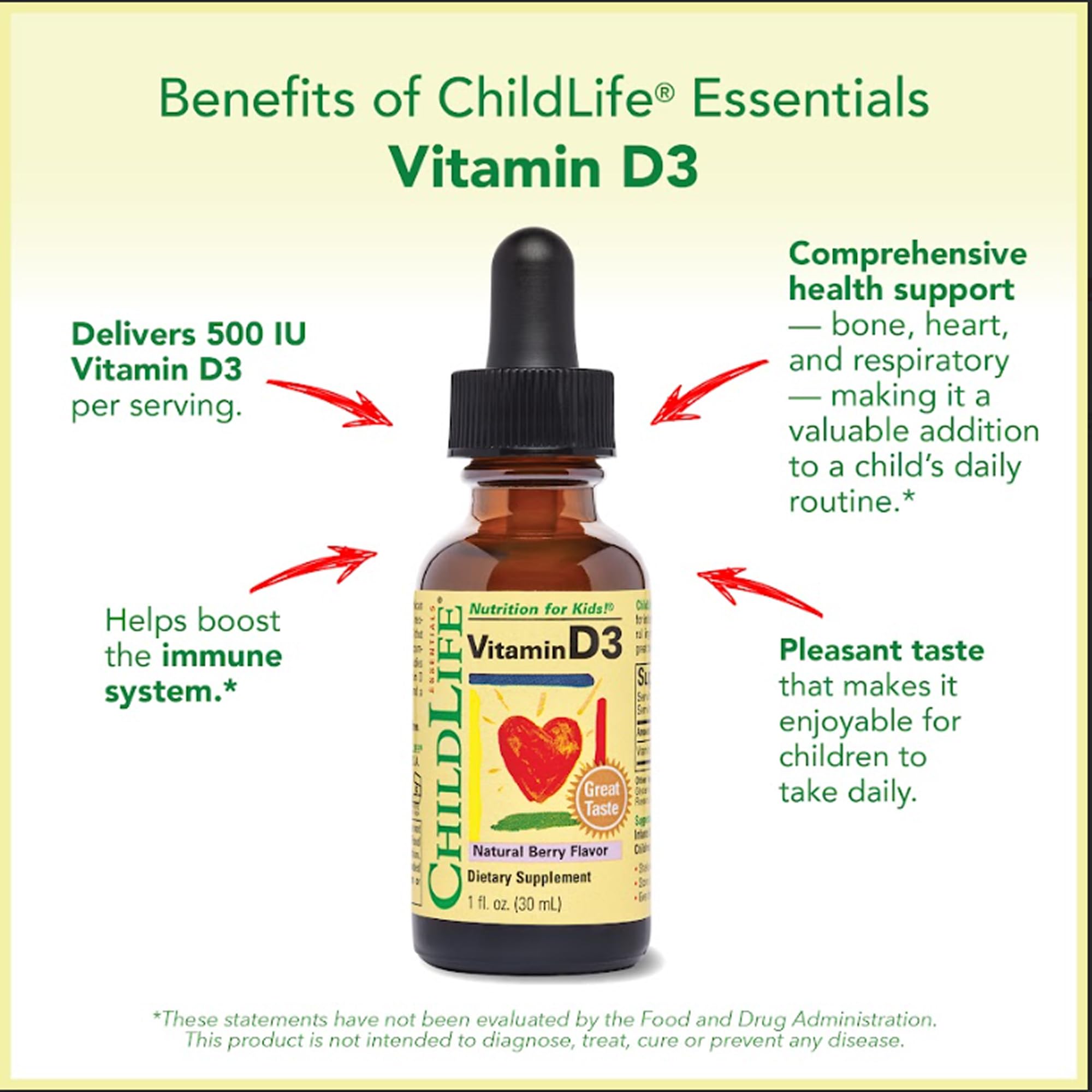 CHILDLIFE ESSENTIALS Vitamin D3 Drops for Kids, Children, & Toddlers - Liquid Vitamin D Drops, 500 IU per Drop, Immune & Bone Health Support, Natural Berry - 1 Fl Oz (Pack of 3)