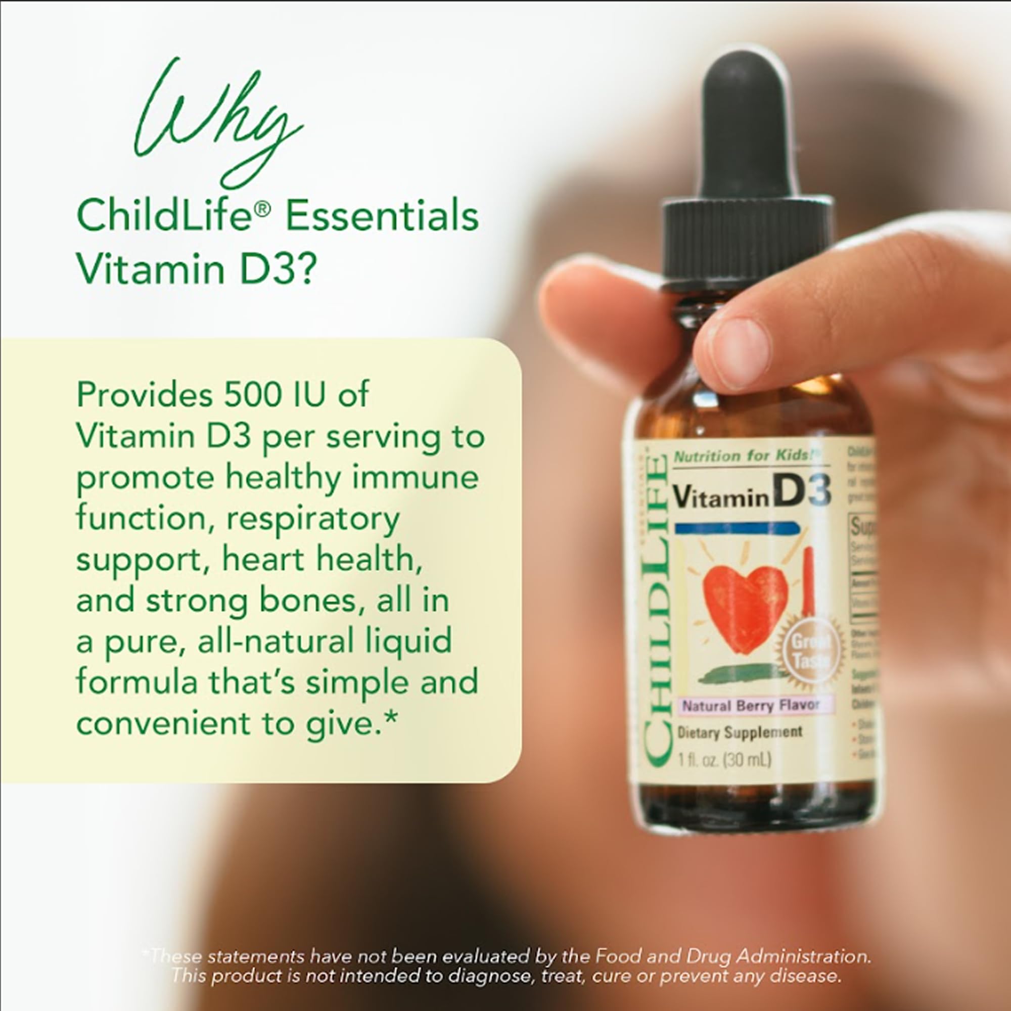 CHILDLIFE ESSENTIALS Vitamin D3 Drops for Kids, Children, & Toddlers - Liquid Vitamin D Drops, 500 IU per Drop, Immune & Bone Health Support, Natural Berry - 1 Fl Oz (Pack of 3)