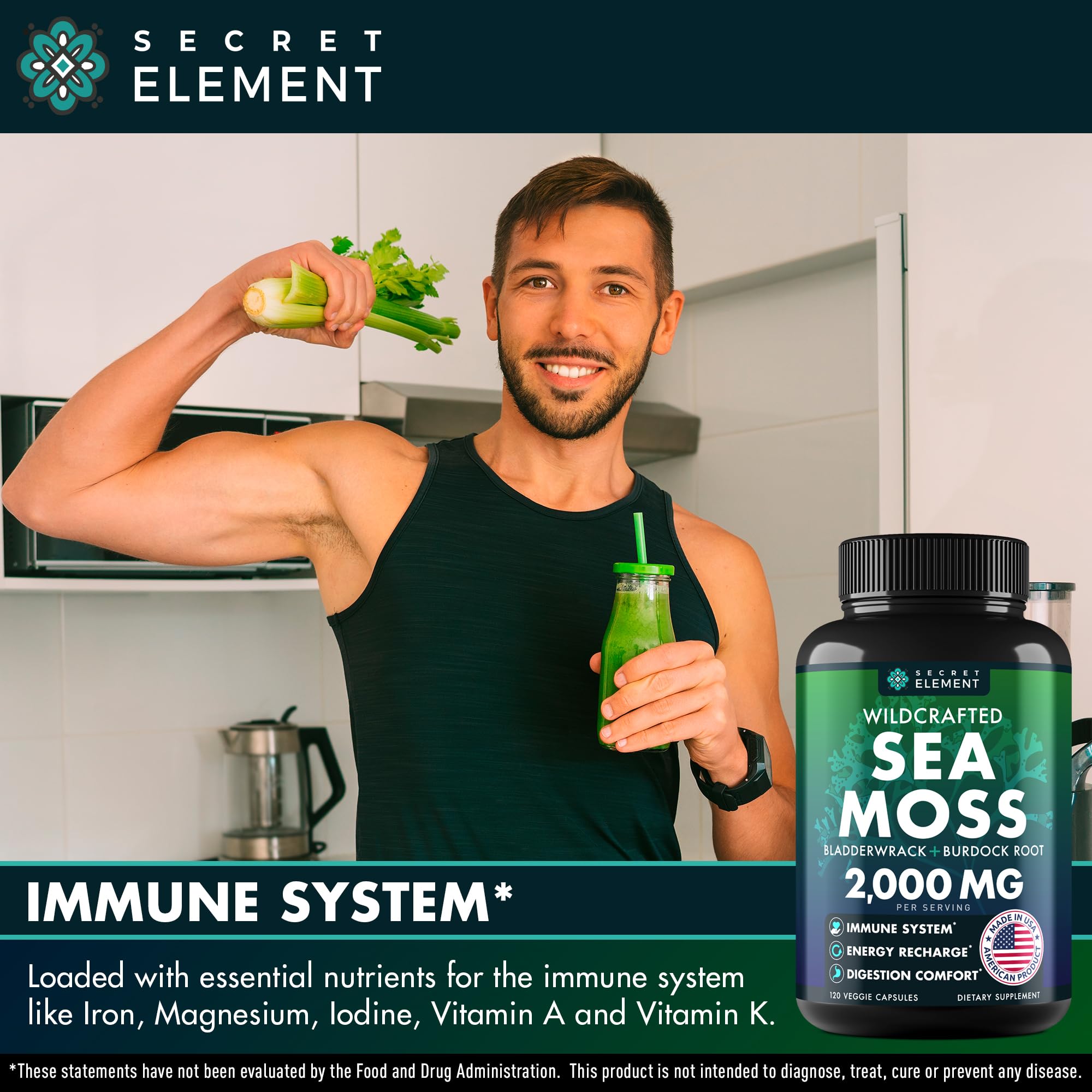 Secret Element Sea Moss Capsules with Burdock Root, Bladderwrack & Muira Puama – Plant-Based Sea Moss Supplement with Raw Powder – 120 Capsules