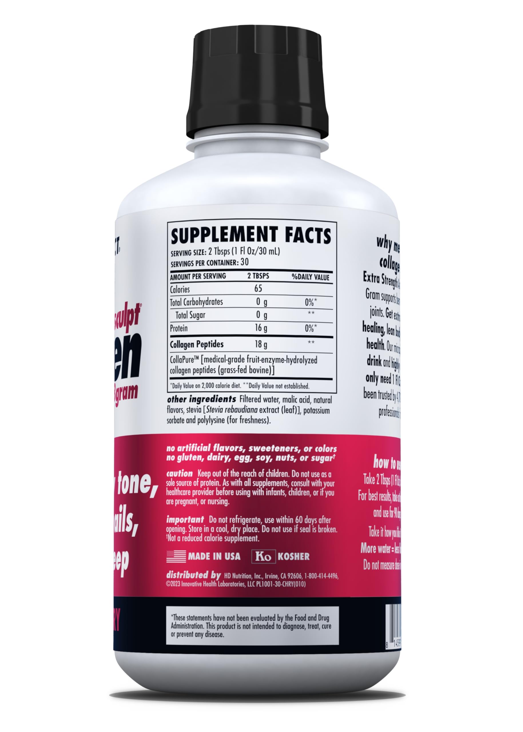 HEALTH DIRECT AminoSculpt Sugar-Free Collagen Supplement - High Potency Medical-Grade Protein for Hair, Skin, Nails & Joints, Grass-Fed, Non-GMO, Liquid Collagen - Tart Cherry - 30 Fl Oz