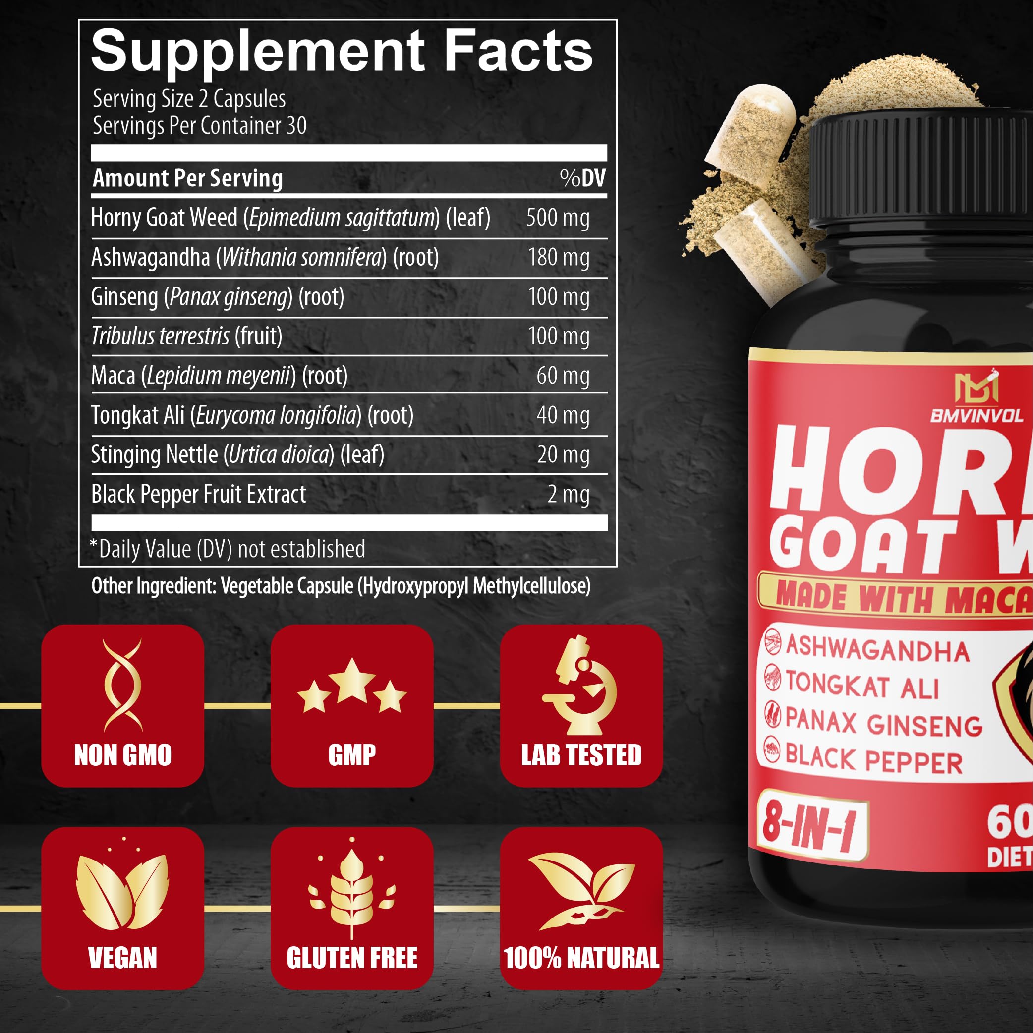 BMVINVOL (2 Packs) Horny Goat Weed Capsules with Maca, Tribulus, Ginseng. Ashwagandha,Tongkat Ali - 8-in-1 for Support Energy Levels