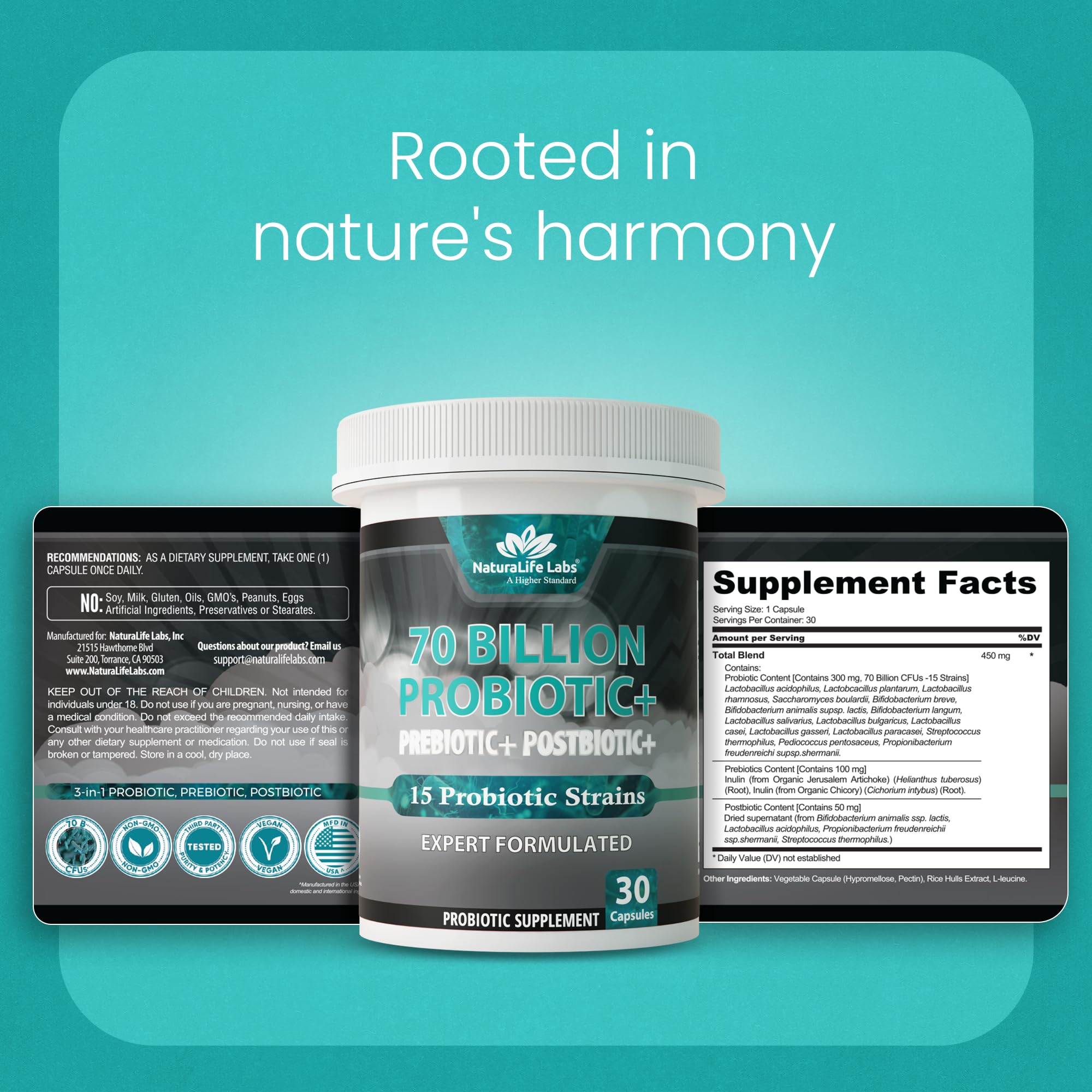 NaturaLife Labs Probiotics 70 Billion CFU – 15 Strains with Organic Prebiotic & Postbiotic – 3-in-1 Formula – 30 Vegan Capsules