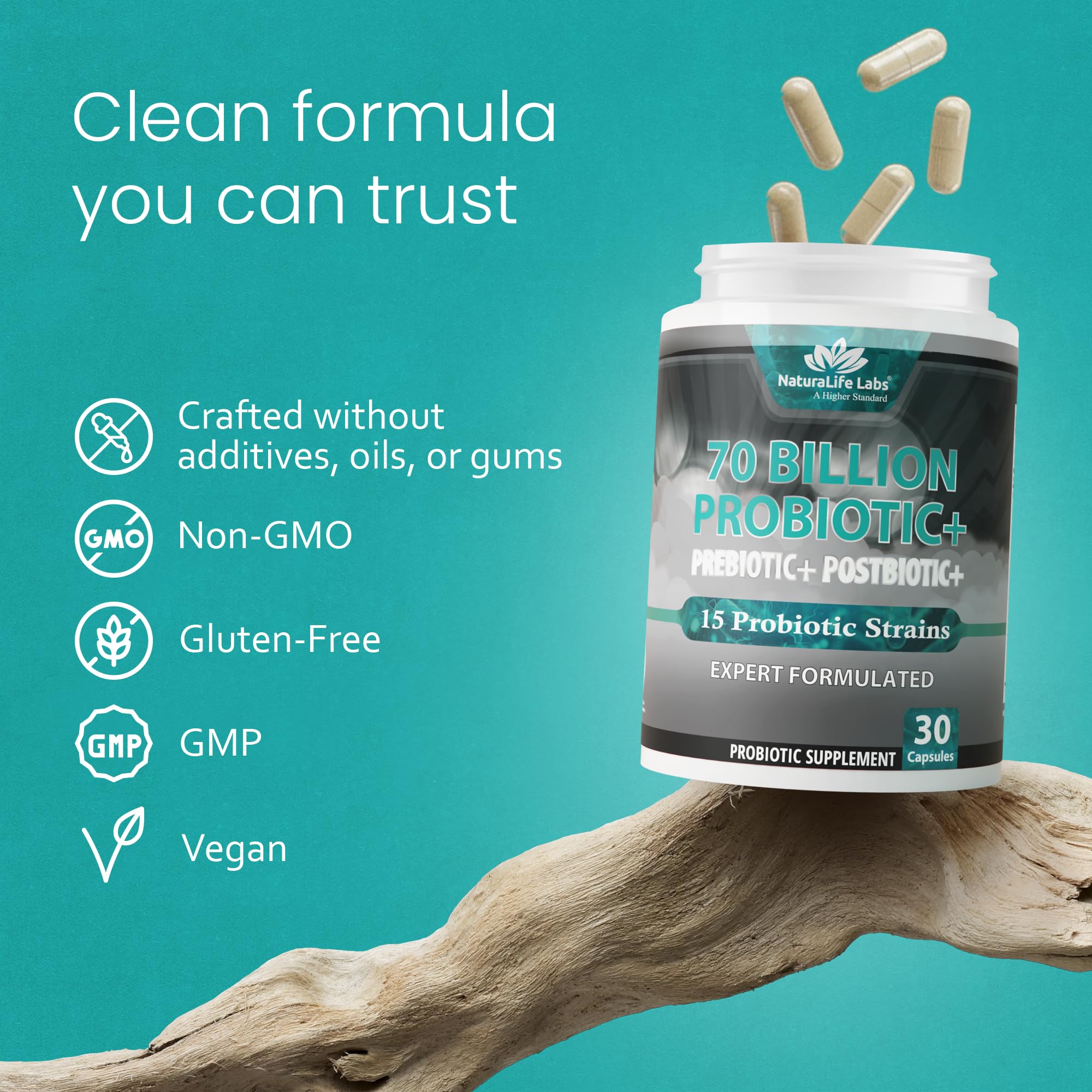 NaturaLife Labs Probiotics 70 Billion CFU – 15 Strains with Organic Prebiotic & Postbiotic – 3-in-1 Formula – 30 Vegan Capsules