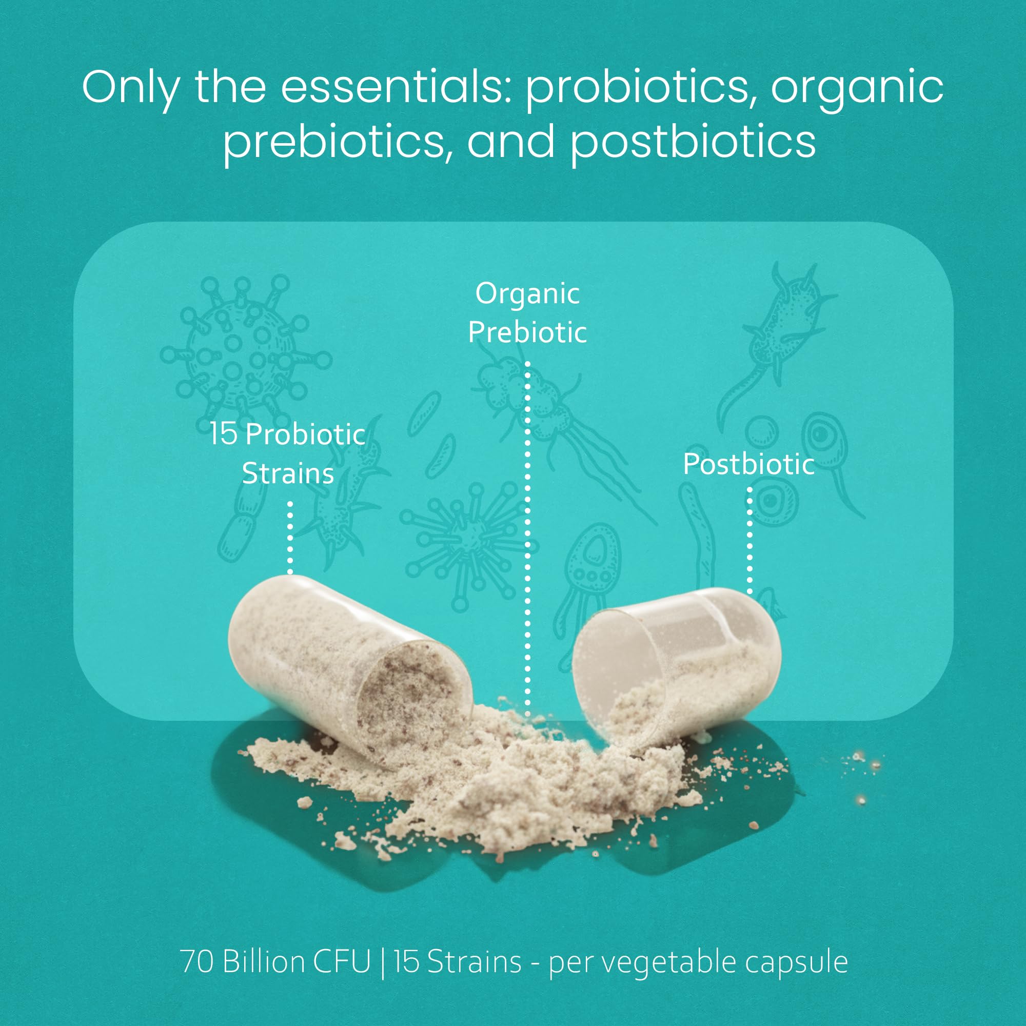 NaturaLife Labs Probiotics 70 Billion CFU – 15 Strains with Organic Prebiotic & Postbiotic – 3-in-1 Formula – 30 Vegan Capsules