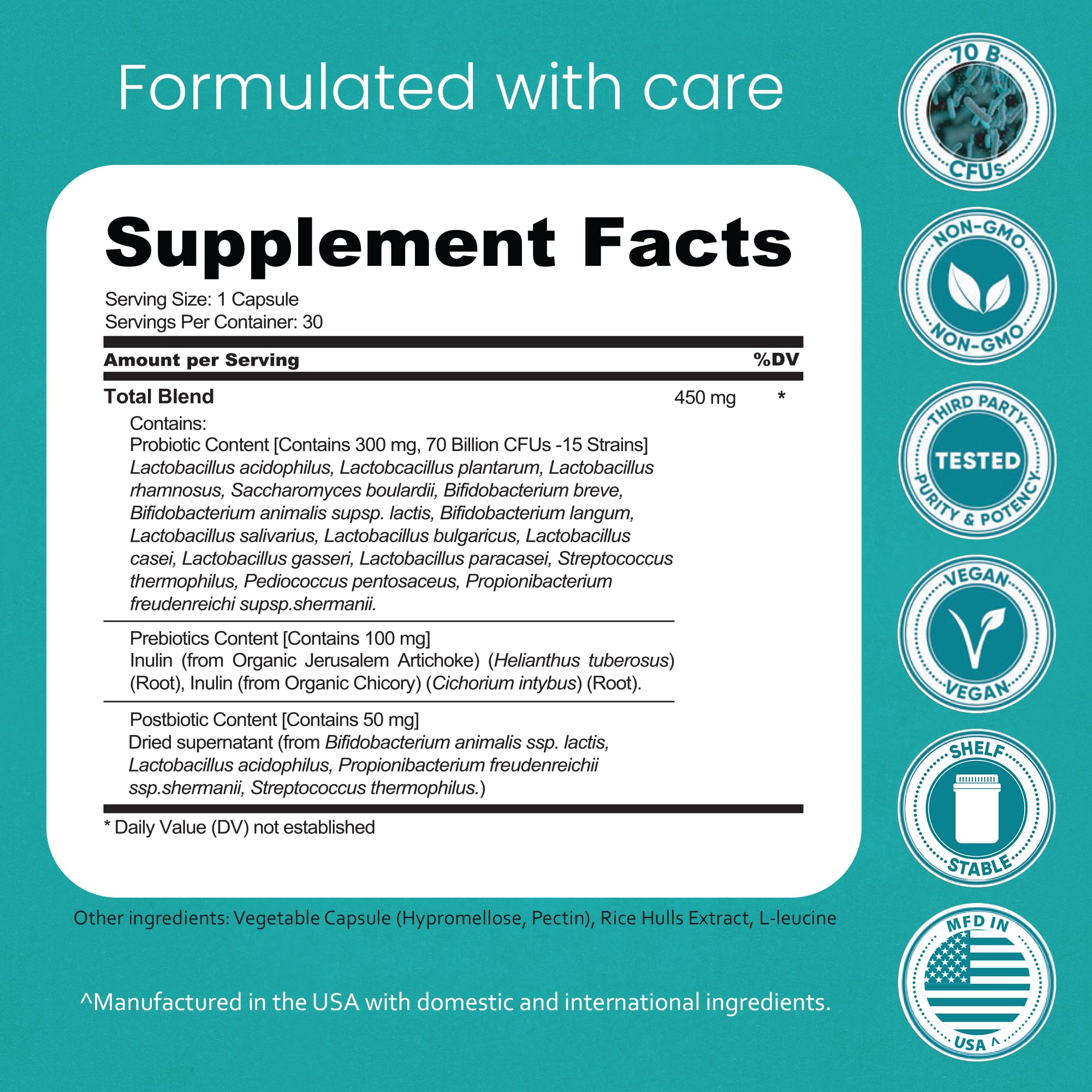 NaturaLife Labs Probiotics 70 Billion CFU – 15 Strains with Organic Prebiotic & Postbiotic – 3-in-1 Formula – 30 Vegan Capsules