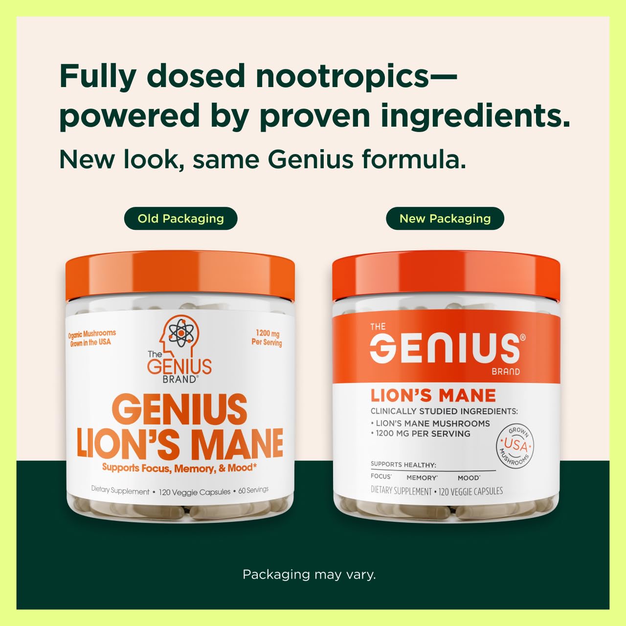 The Genius Brand Genius Lion's Mane - Plant-Based Supplement for Memory, Focus & Mood Support - Organic & Non-GMO - 120 Veggie Capsules