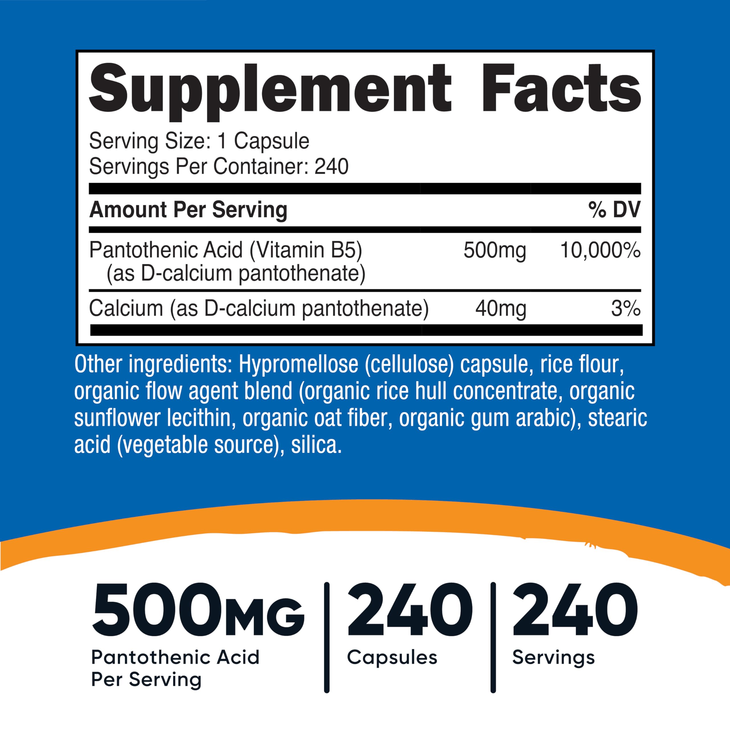 Nutricost Pantothenic Acid (Vitamin B5) 500mg, 240 Capsules