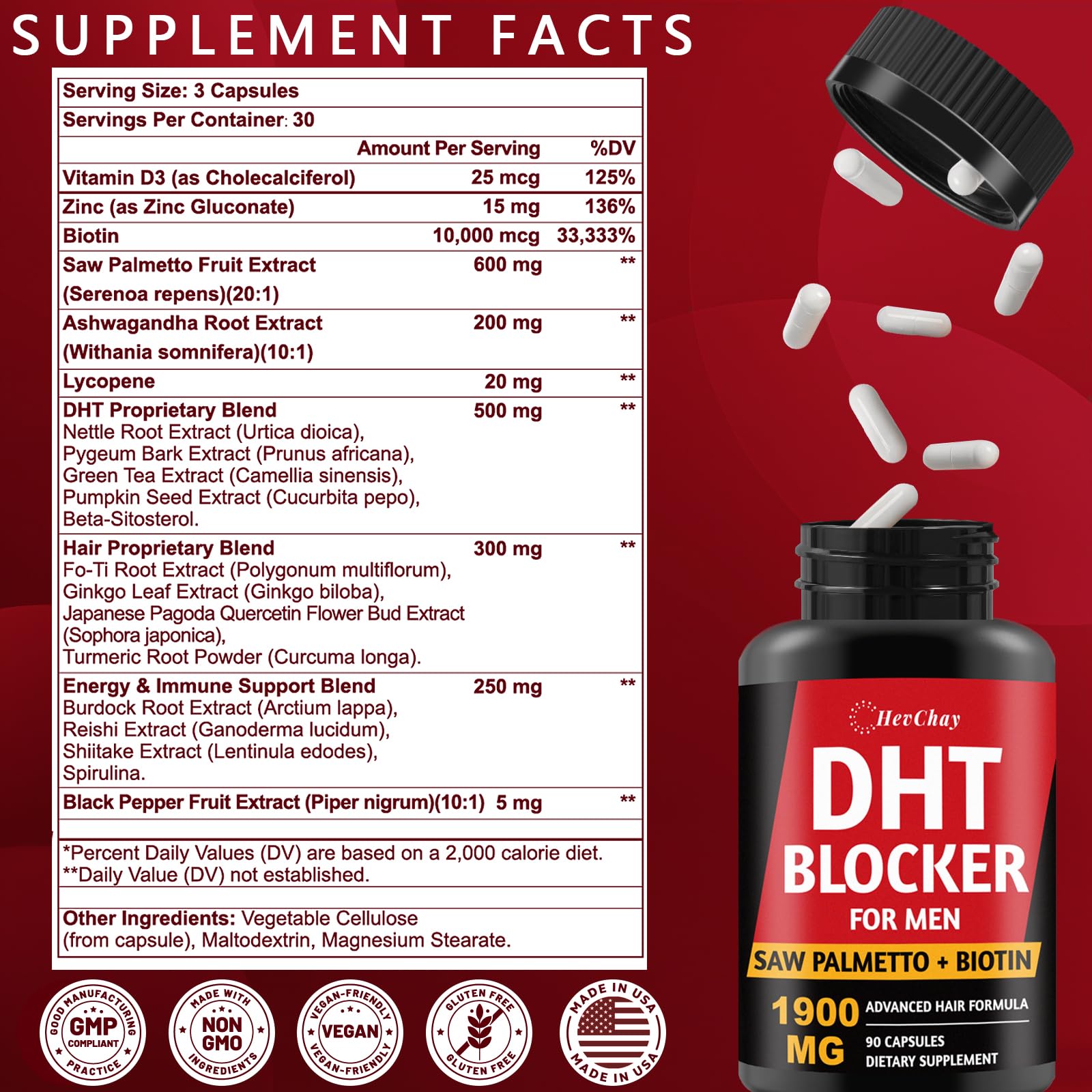 DHT Blocker for Men | Extra Strength Saw Palmetto & Biotin Hair Growth Supplement - Hair Growth Vitamins - Hair Regrowth - Natural Hair Loss Supplements for Men - Proprietary Herbal Blends,1 Pack