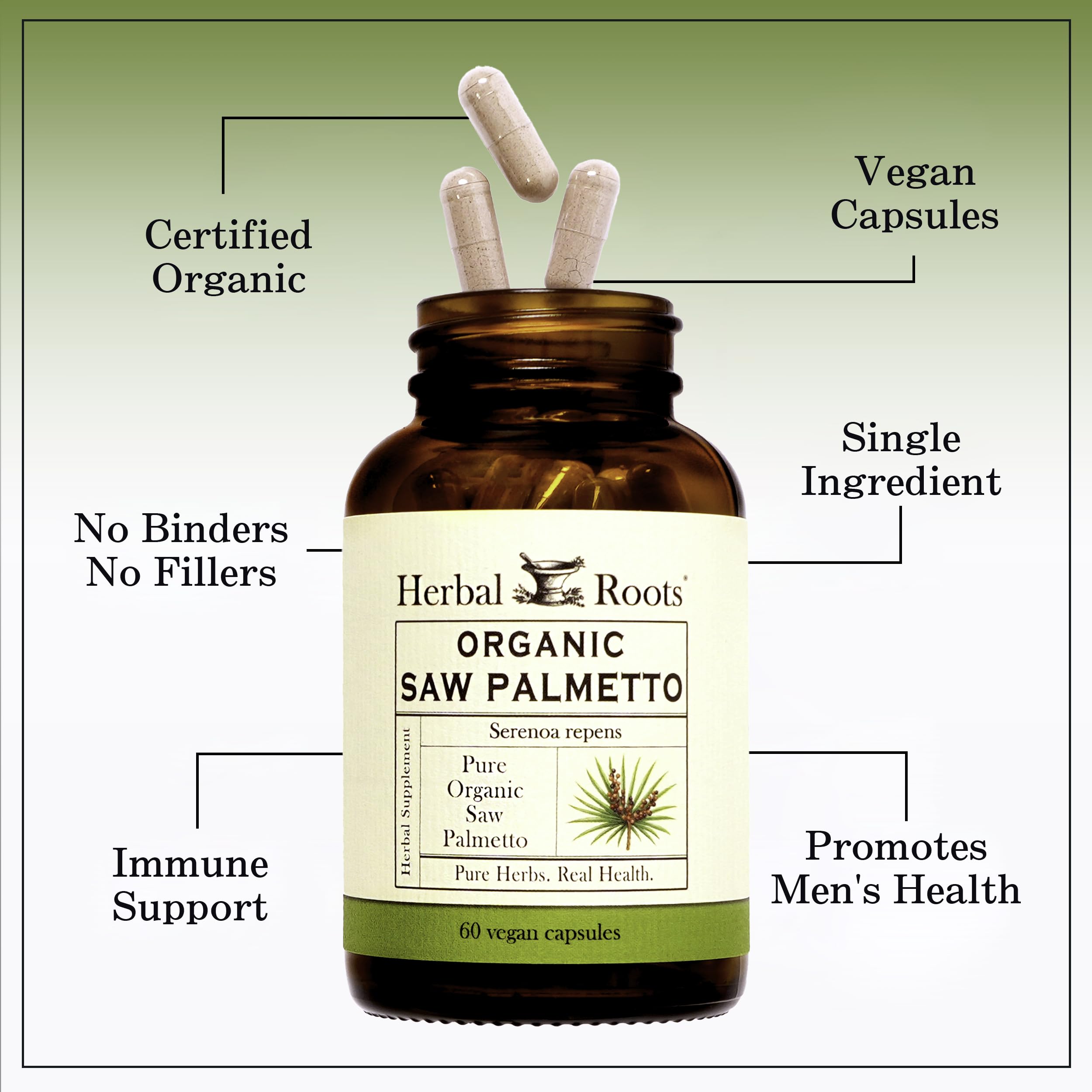 Herbal Roots Organic Saw Palmetto Capsules | 1,000mg per Serving | 60 Organic Vegan Capsules