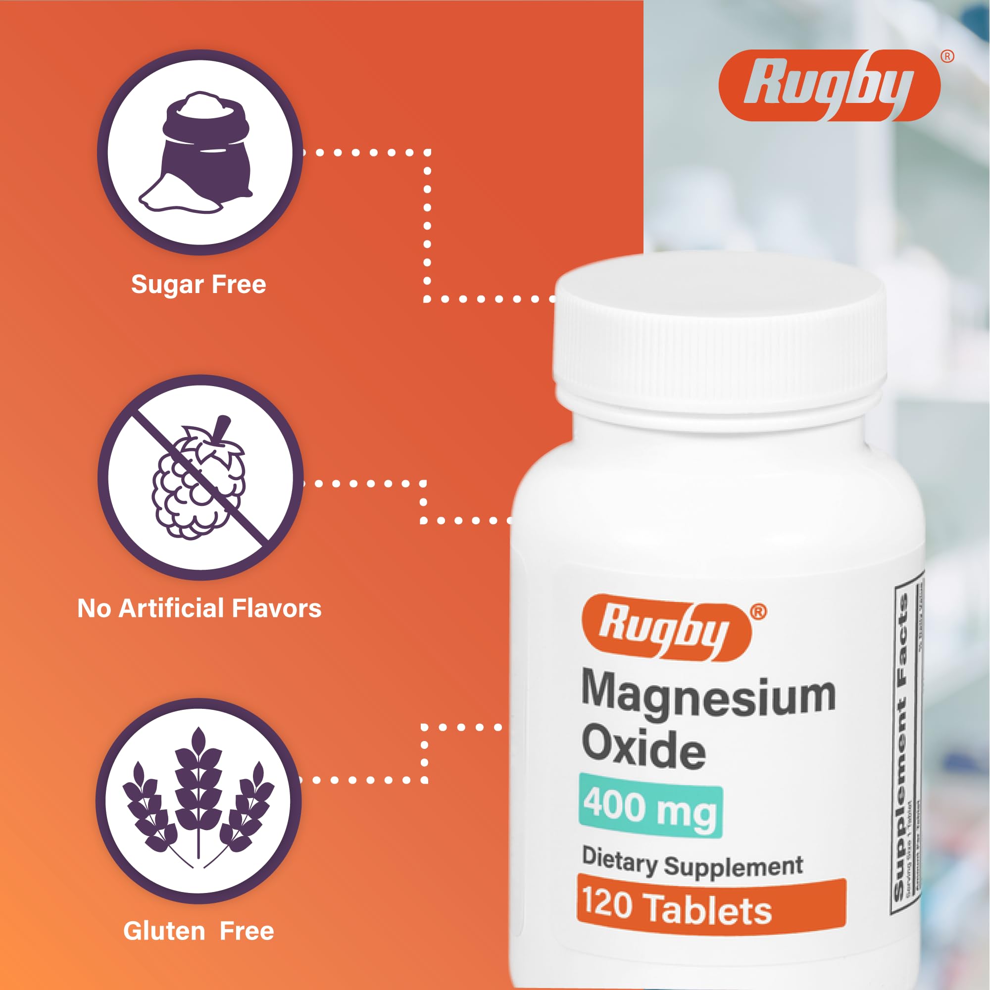 Rugby Magnesium Oxide 400 mg Tablets - Dietary Supplement - Gluten-Free - 120 Count (3 Pack)
