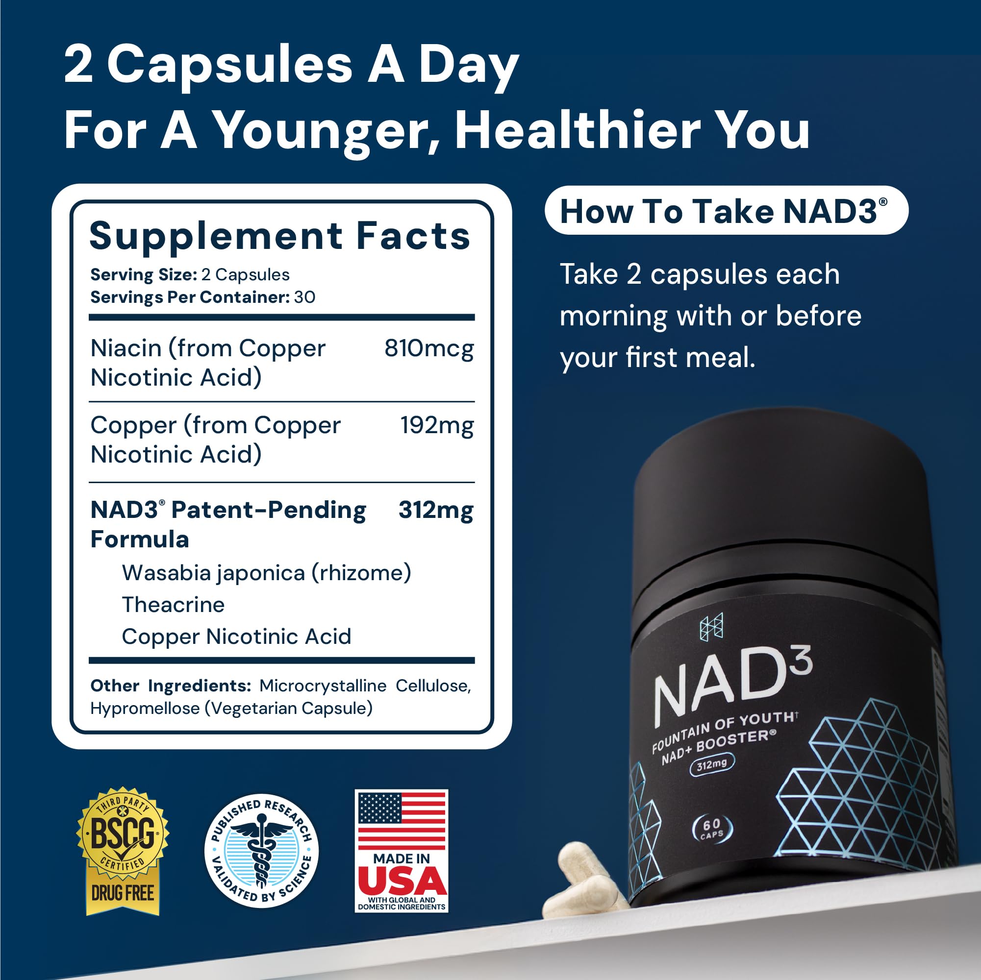 HPN NAD3 Clinical NAD+ Booster, Cellular Health & Natural Energy - NAD Supplement for Healthy Aging, Metabolic Support, NRF2 & Longevity, Nicotinamide Riboside & NMN Alternative, 60ct, 30-Day Supply