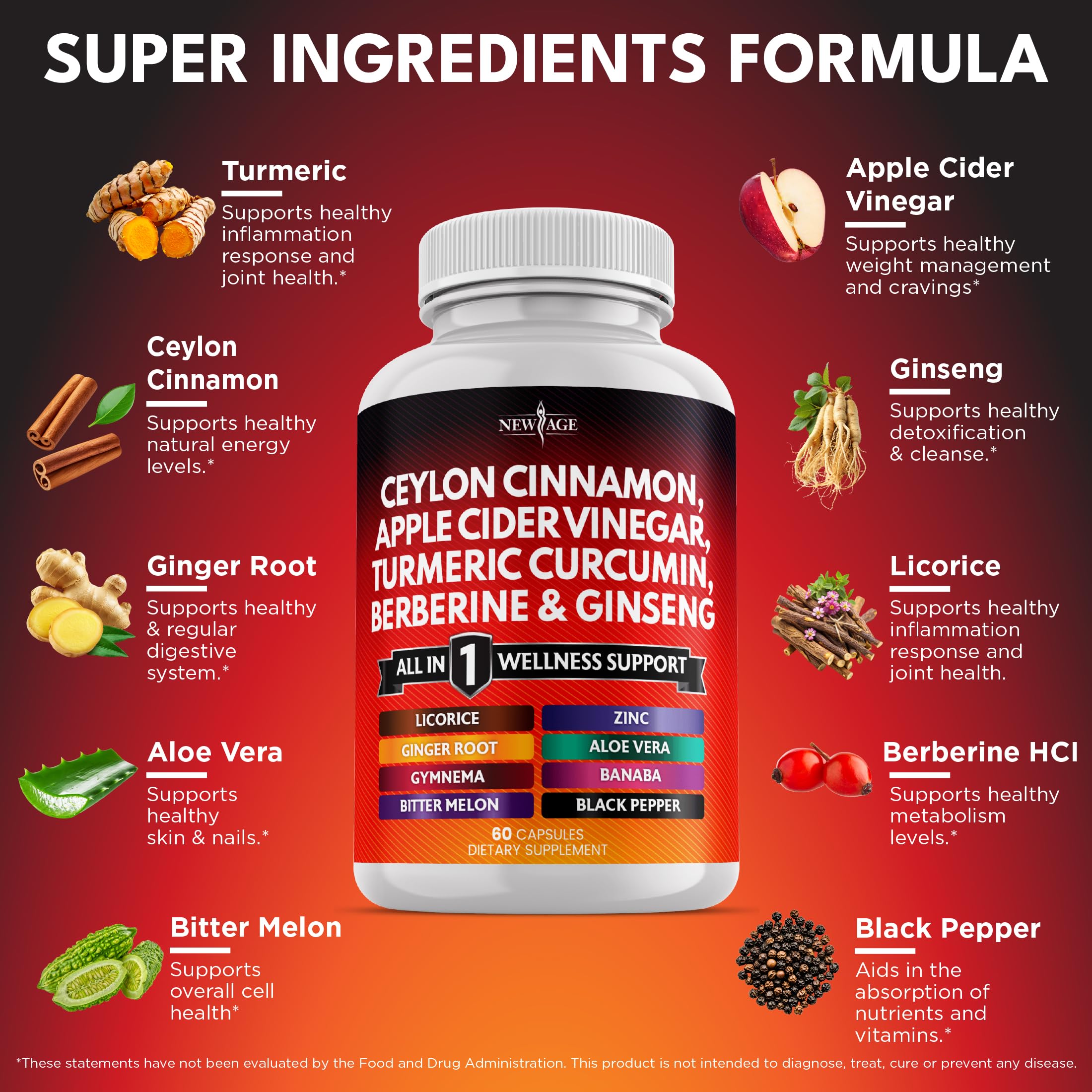 Ceylon Cinnamon, Turmeric, Apple Cider Vinegar, Ginseng, Aloe Vera, Berberine Plus Banaba, Ginger Root - 180 Count