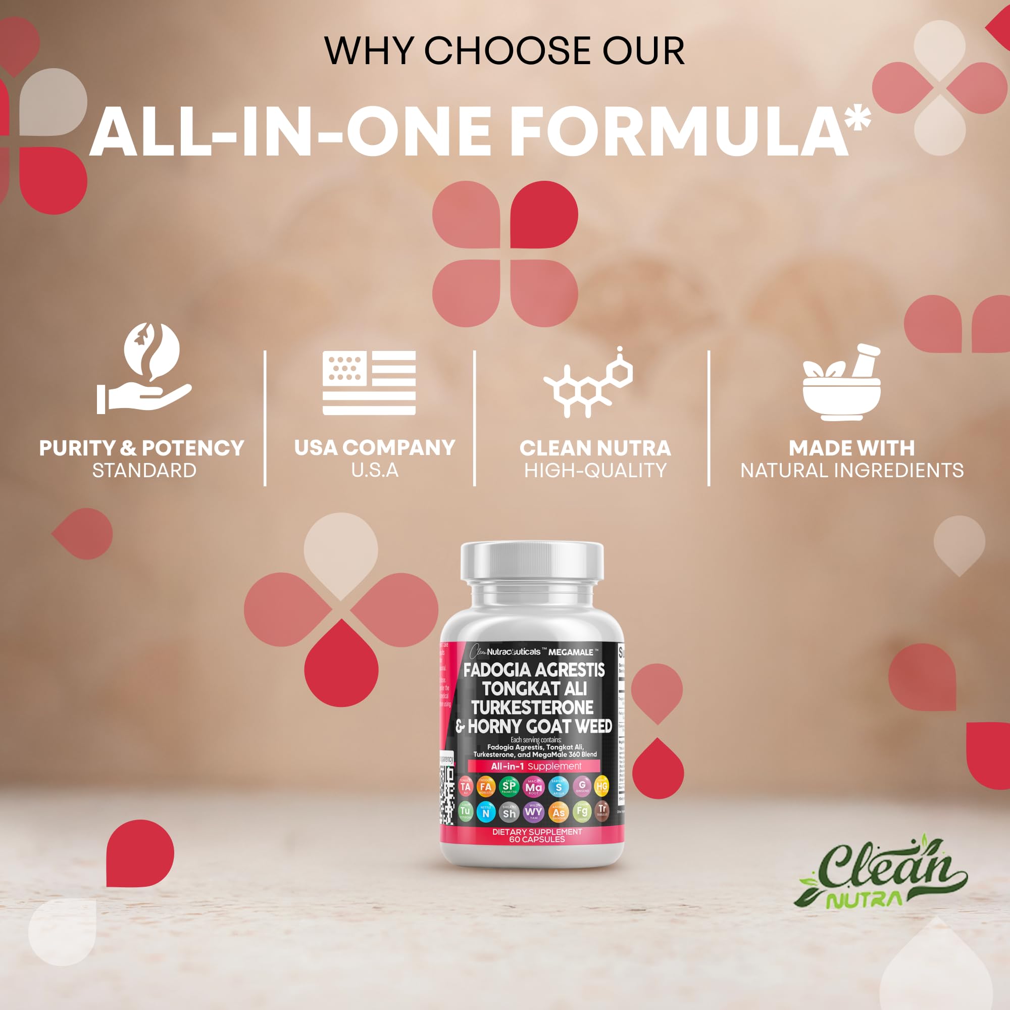 Clean Nutraceuticals Fadogia Agrestis Tongkat Ali Turkesterone Supplement with Horny Goat Weed, Saw Palmetto, Maca Root, Siberian Ginseng, Tribulus Terrestris, Fenugreek, Wild Yam - 60 Count