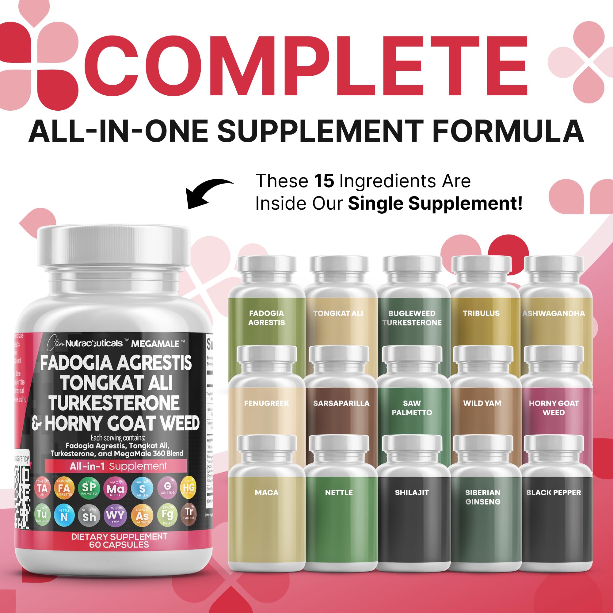 Clean Nutraceuticals Fadogia Agrestis Tongkat Ali Turkesterone Supplement with Horny Goat Weed, Saw Palmetto, Maca Root, Siberian Ginseng, Tribulus Terrestris, Fenugreek, Wild Yam - 60 Count