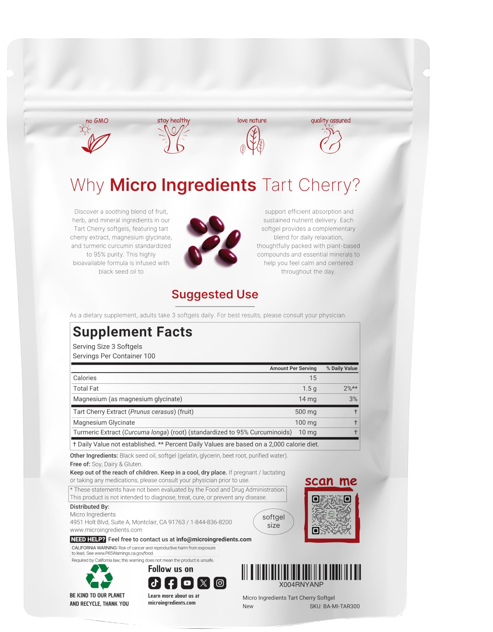 Tart Cherry+ with Magnesium Glycinate & 95% Turmeric Curcumin, 300 Softgels | Highly Bioavailable with Black Seed Oil Carrier | Extra Strength Tart Cherry Extract | Natural Herbal & Mineral Complex