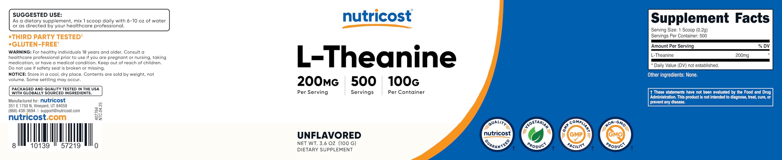 Nutricost L-Theanine Powder 100 Grams - Gluten Free & Non-GMO