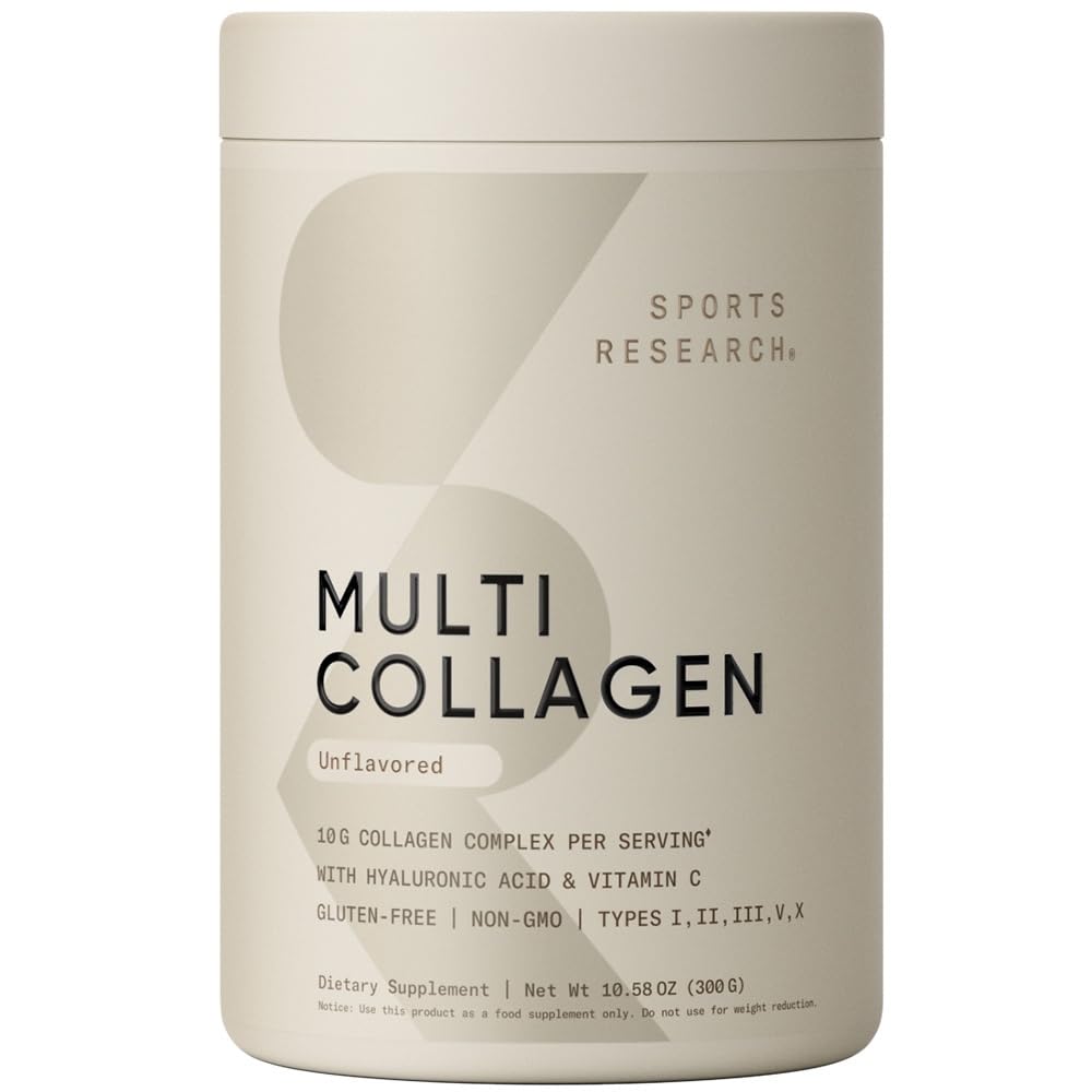 Sports Research® Multi Collagen Protein Powder - Food Sourced Collagen Peptides (Type I, II, III, V, X) with Hyaluronic Acid + Vitamin C - Gluten Free · Non-GMO · 30 Servings (Unflavored)