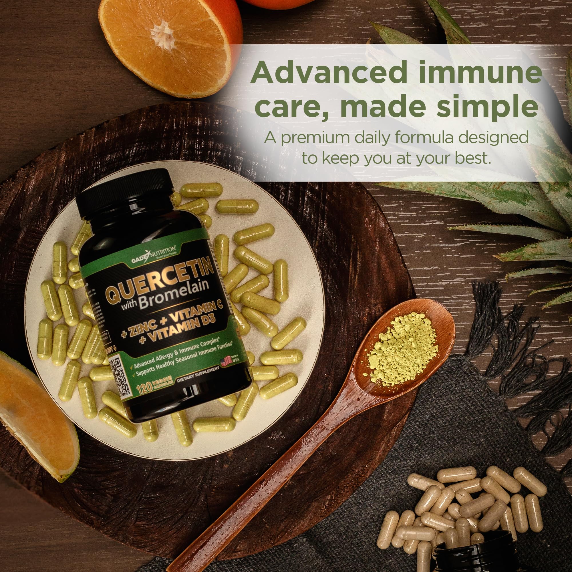 Gade Nutrition Quercetin with Bromelain Vitamin C and Zinc Vitamin D3 | Immune Support Supplement in Capsules | Non-GMO, Gluten-Free, Vegan | Made in the USA | 2 Month Supply