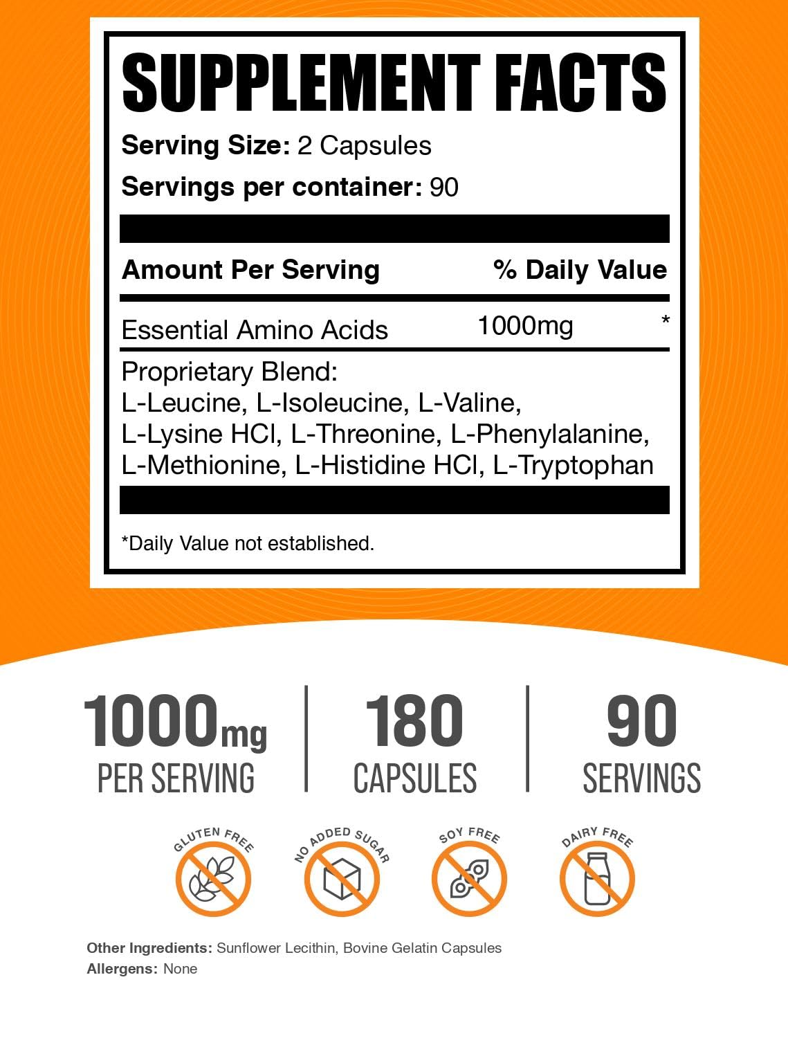 BulkSupplements.com Essential Amino Acids Capsules (EAA) - Amino Acids Supplement - EAAs Amino Acids - EAA Capsules - 1000 mg Serving - 90 Day Supply (180 Gelatin Capsules)