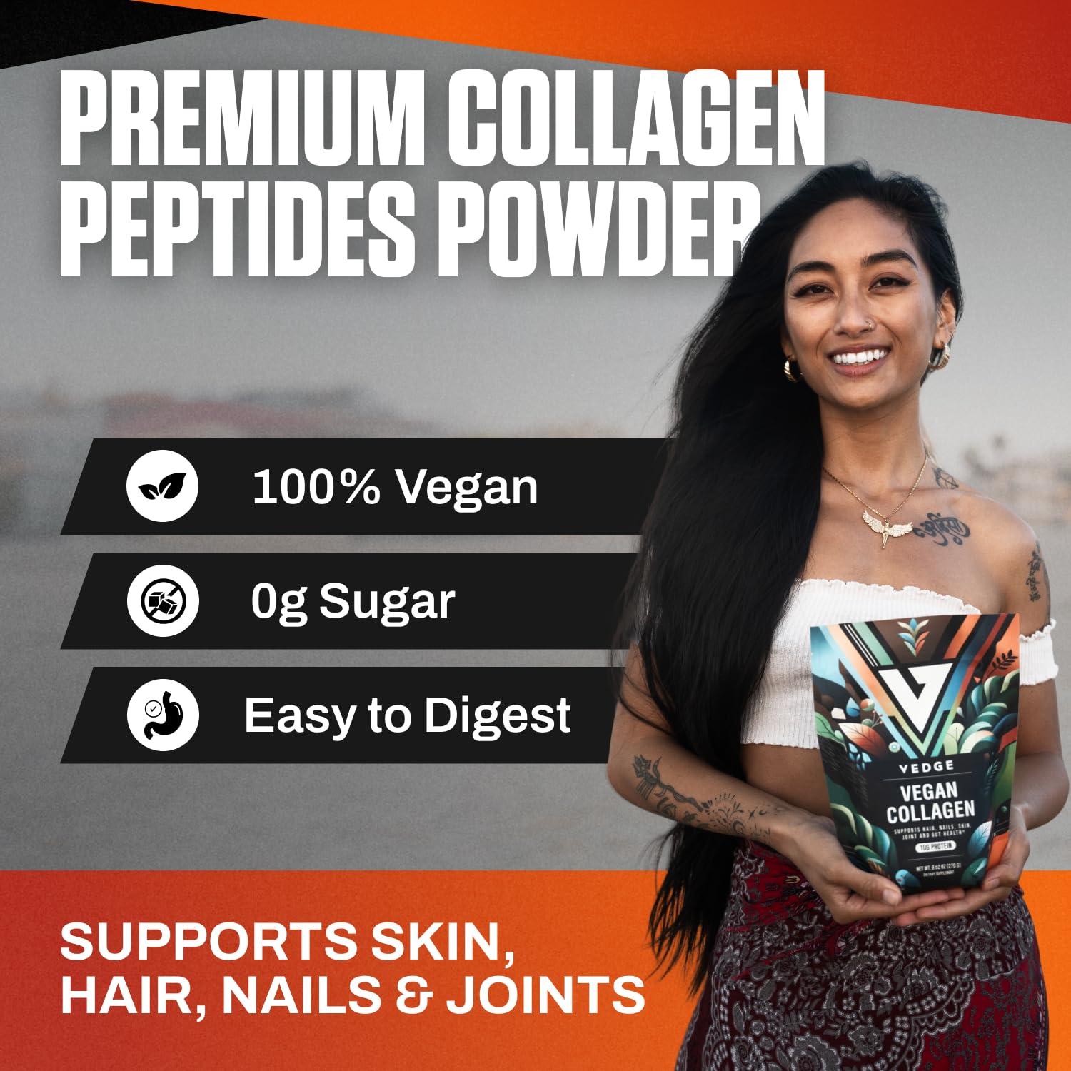 VEDGE Vegan Collagen Powder - Plant-Based Collagen Supplement for Hair, Skin, Nails, Joint & Gut Health. Collagen Peptides