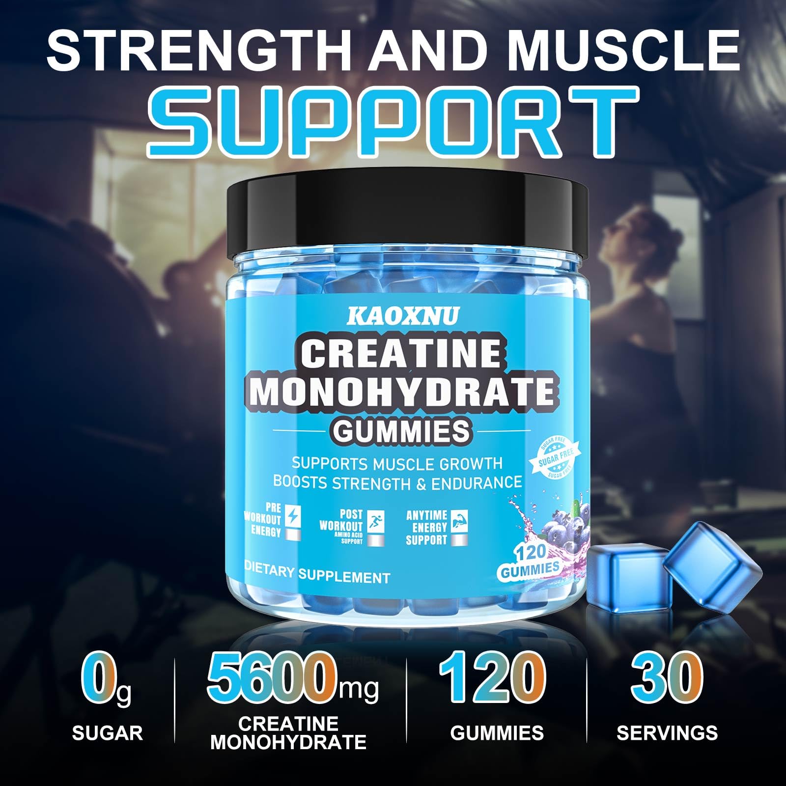 Creatine Monohydrate Gummies 5600mg for Men & Women, 120 CT Chewable Creatine Monohydrate for Muscle Support, Energy Boost, 5.6g of Creatine Monohydrate per Serving - Sugar Free (Blueberry Flavor)