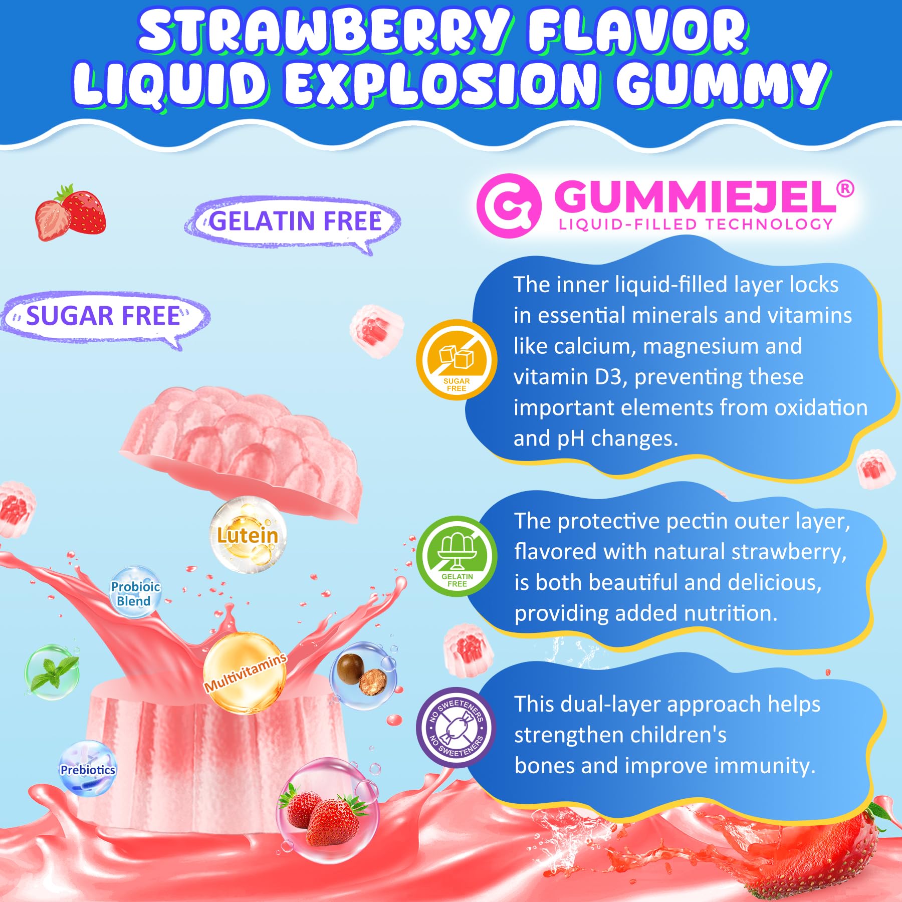 Kids Calcium Gummies + D3 & Magnesium for 4+, with Calcium Citrate Calcium Gluconate, Calcium Lactate, Probiotics & Prebiotics for Children Bone Health,Muscle Support,Digestive Health,Sugar Free 60Cts