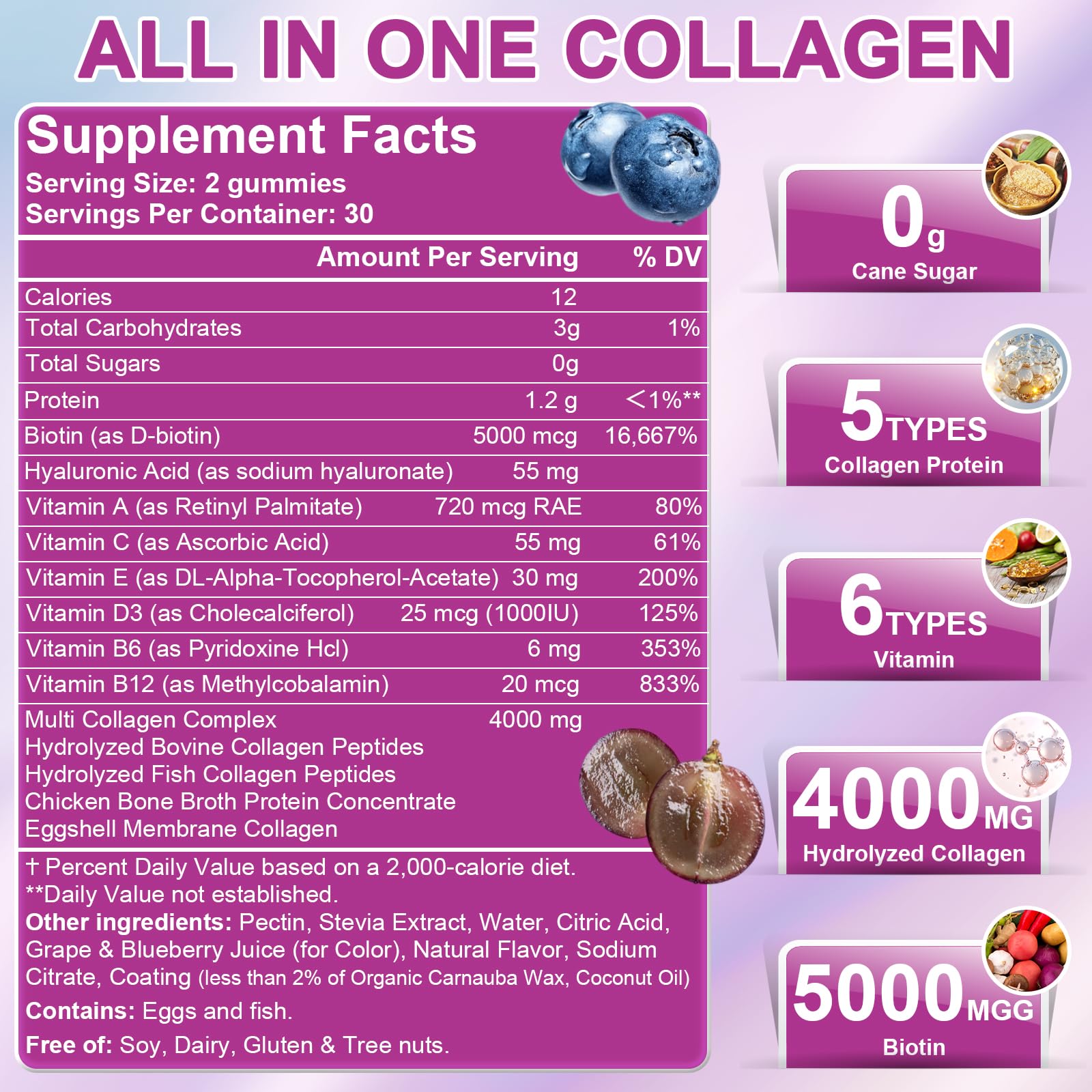 Nature's live Multi Collagen Peptides Gummies, Type I, II, III, V, X - Hydrolyzed Collagen Peptides Gummies, Supports Healthy Skin, Strong Nails & Thick Hair, Grape Blueberry Flavor, 60 Count