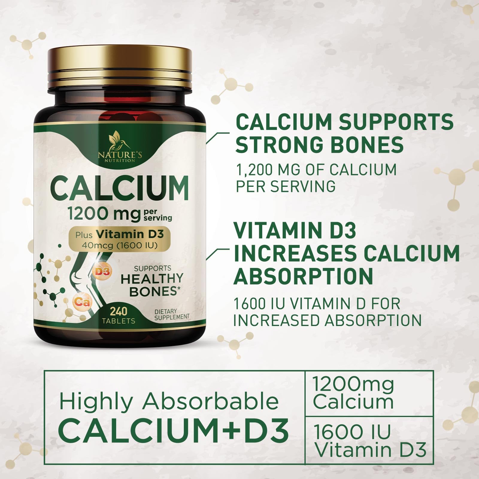 Calcium 1200 mg Per Serving with Vitamin D3 - Bone Health Supplement, Vitamin D & Calcium Supplements for Women & Men - Bone Strength & Teeth Support, Nature's Calcium Pills, USA Bottled - 240 Tablets