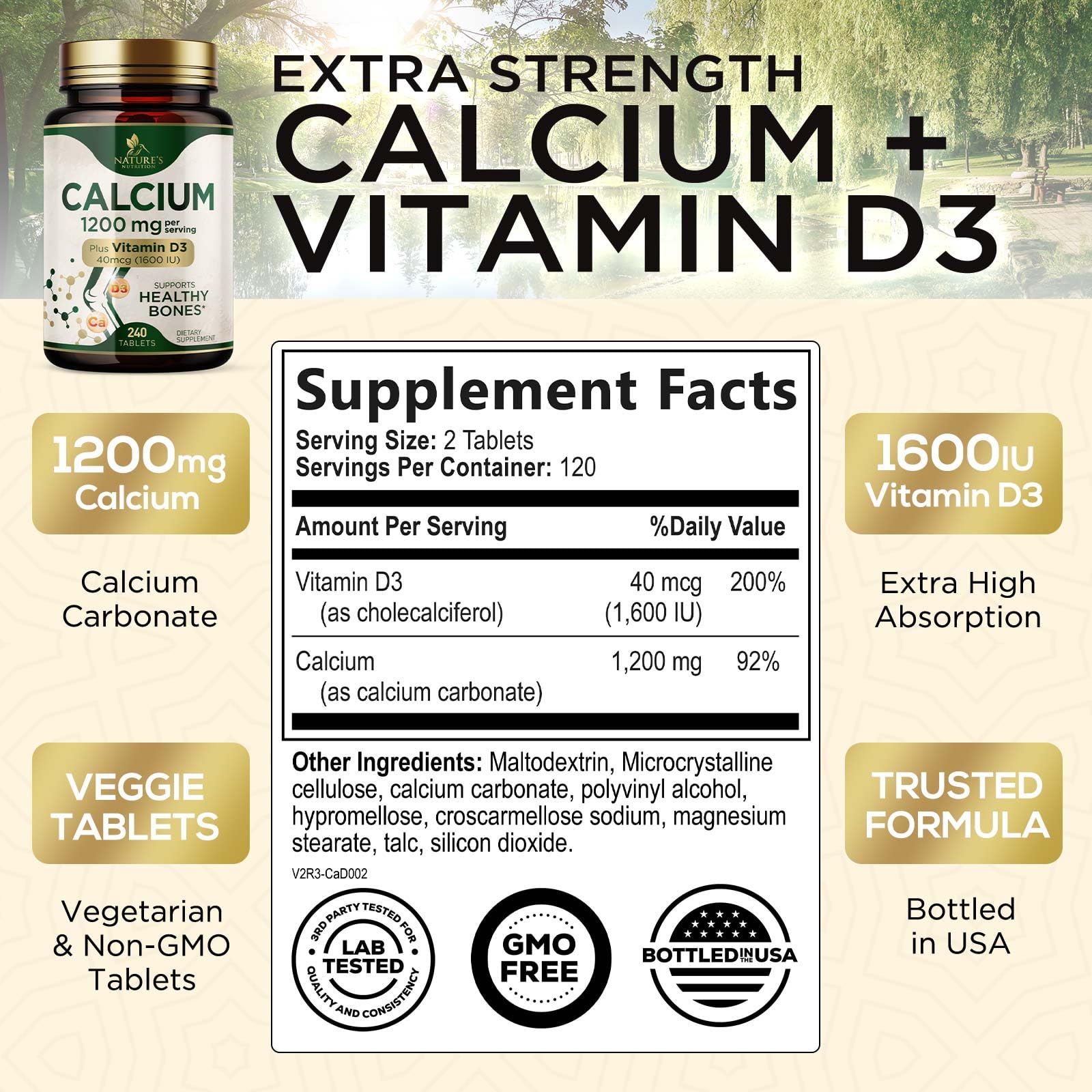 Calcium 1200 mg Per Serving with Vitamin D3 - Bone Health Supplement, Vitamin D & Calcium Supplements for Women & Men - Bone Strength & Teeth Support, Nature's Calcium Pills, USA Bottled - 240 Tablets