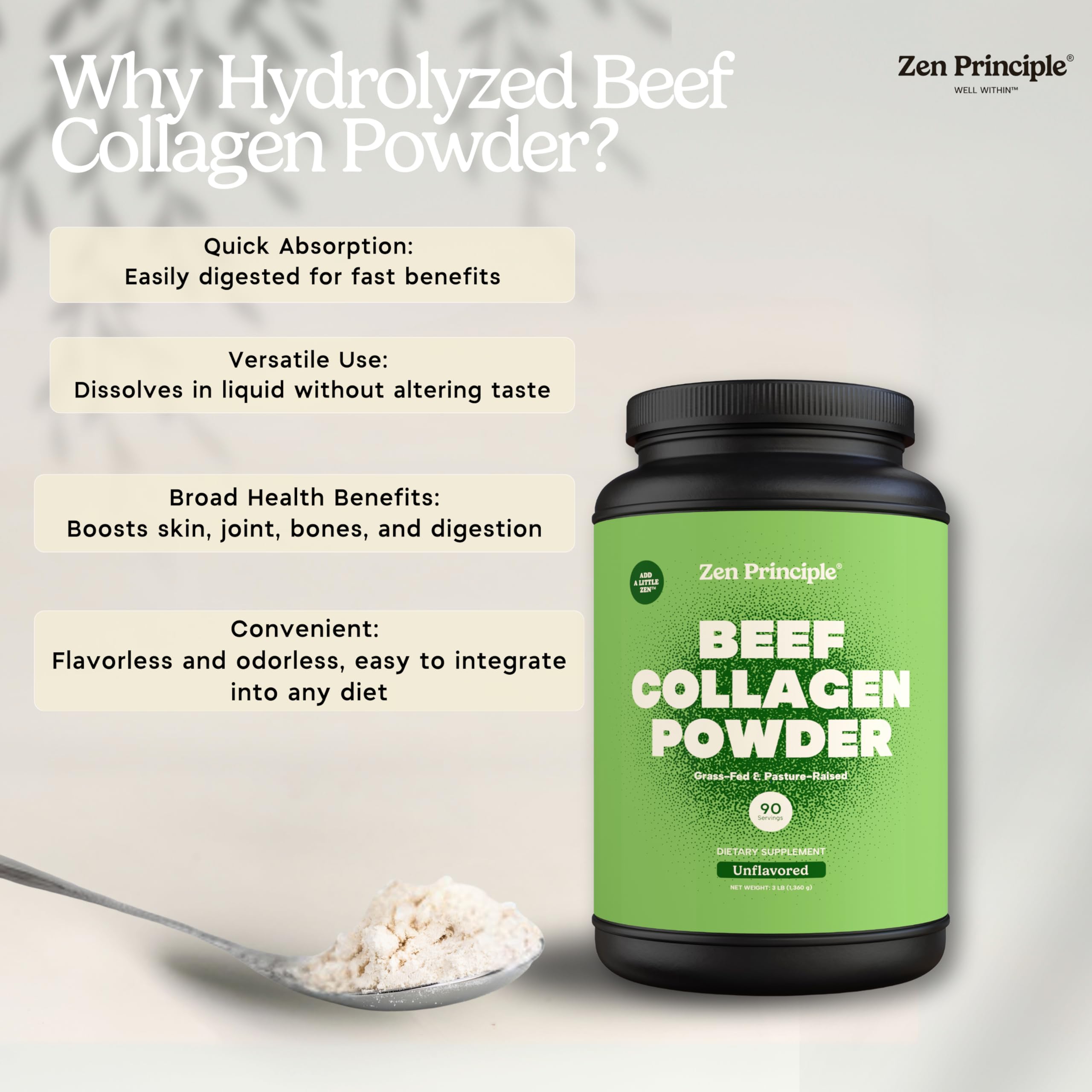Zen Principle Grass-Fed Agglomerated Hydrolyzed Collagen Peptides 3 lb. Anti-Aging Protein Powder for Healthy Hair, Skin & Joints. Paleo and Keto Friendly, GMO and Gluten Free, Pasture-Raised Bovine.