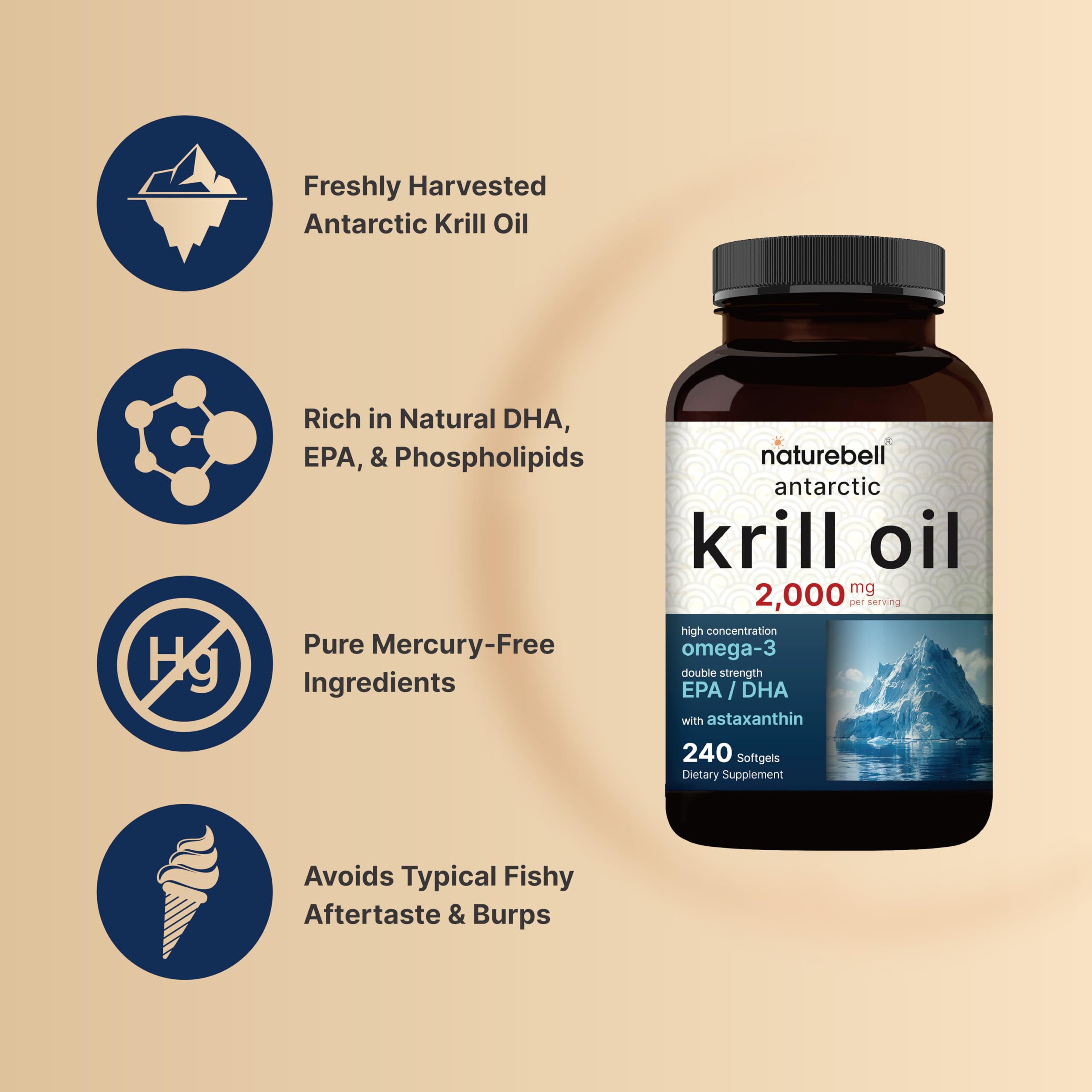 NatureBell Antarctic Krill Oil 2000mg Supplement, 240 Softgels, 3X Strength Natural Source of Omega-3s, EPA 240mg + DHA 160mg + Astaxanthin 800mcg – No Fishy Aftertaste – Mercury Free & Non-GMO