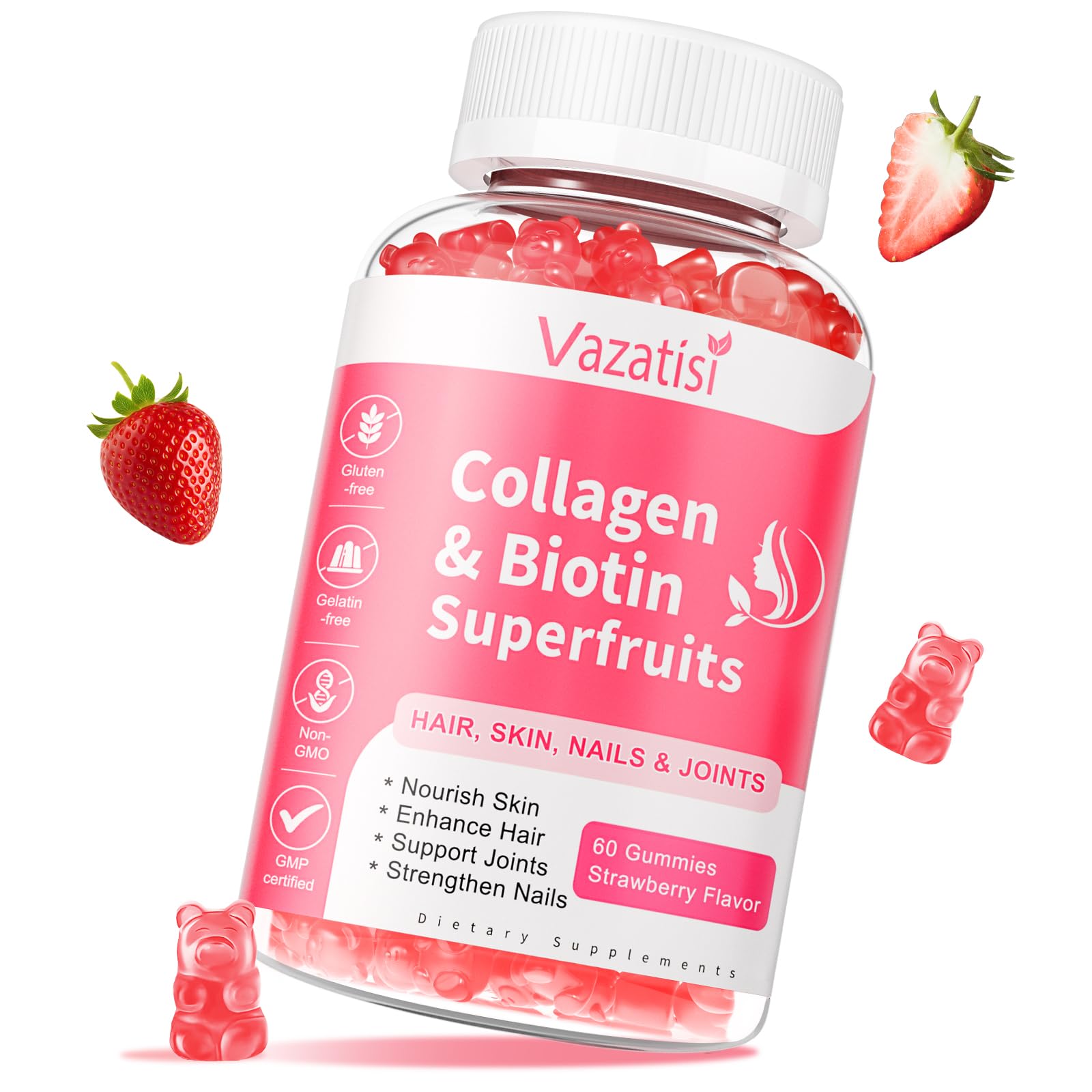 Vazatisi Sugar Free Collagen Gummies for Women Men, Multi Collagen Peptides Gummies Type I II III V X with Biotin Vitamin A B C D E for Hair Skin Nails, Strawberry Flavor, 60 Count