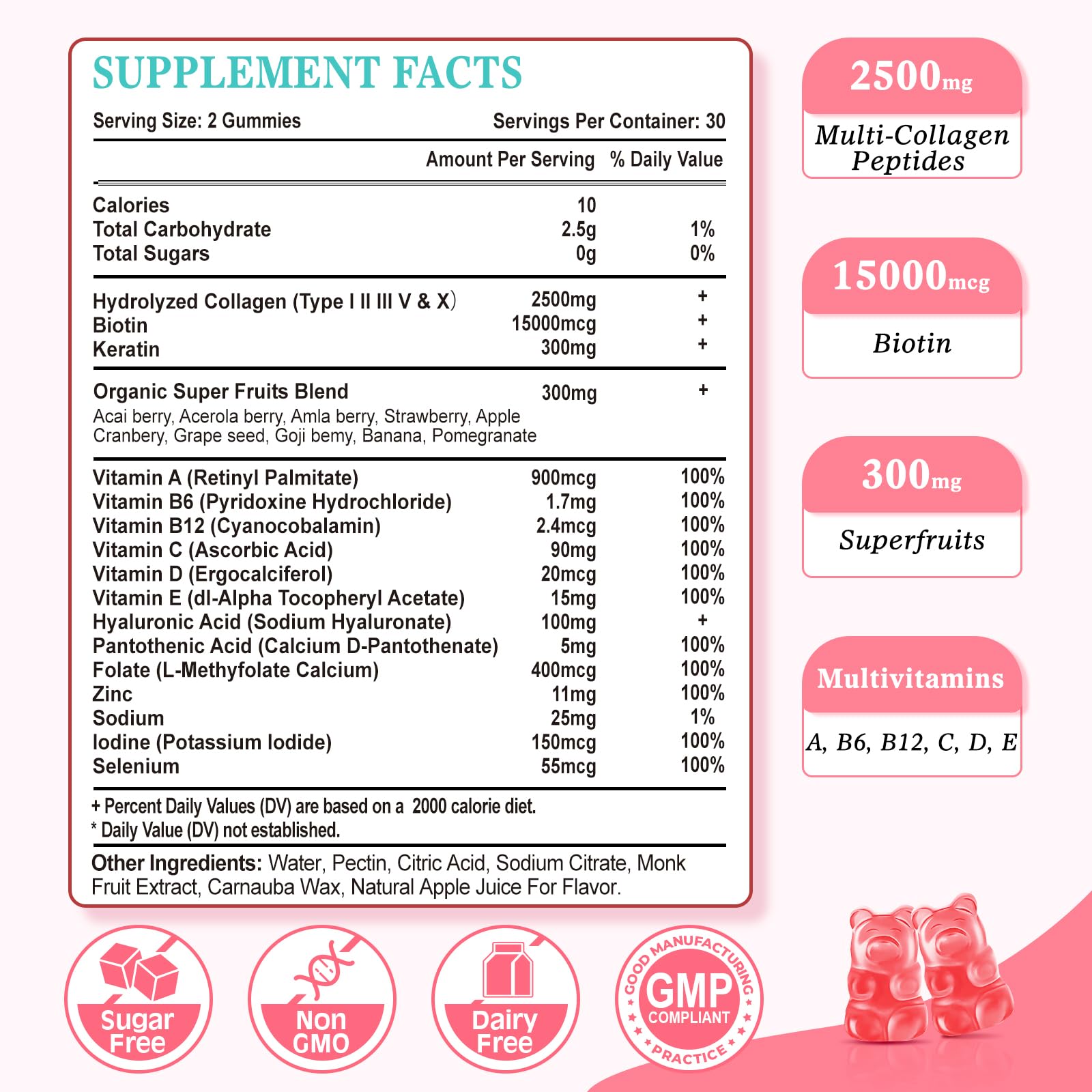 Vazatisi Sugar Free Collagen Gummies for Women Men, Multi Collagen Peptides Gummies Type I II III V X with Biotin Vitamin A B C D E for Hair Skin Nails, Strawberry Flavor, 60 Count