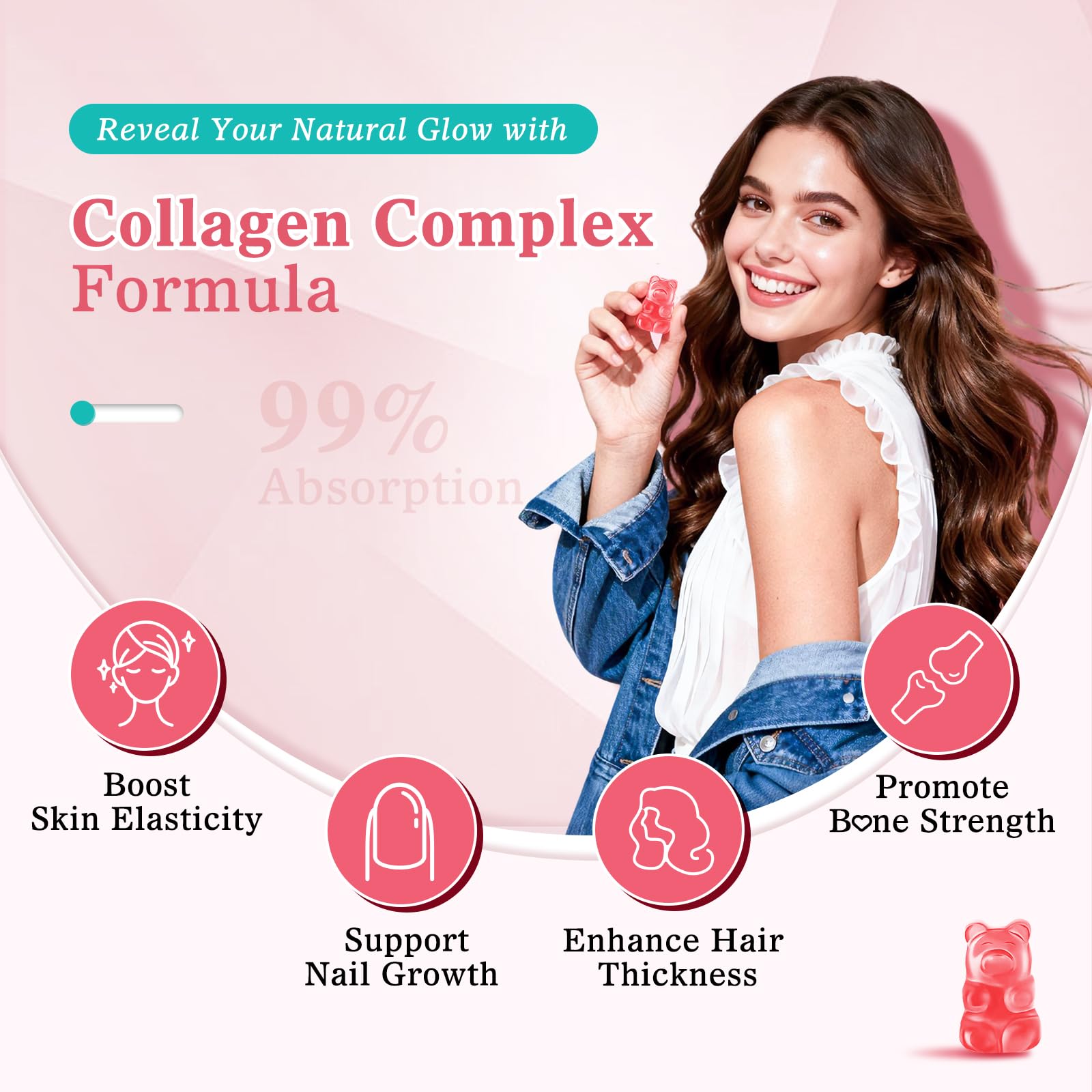Vazatisi Sugar Free Collagen Gummies for Women Men, Multi Collagen Peptides Gummies Type I II III V X with Biotin Vitamin A B C D E for Hair Skin Nails, Strawberry Flavor, 60 Count
