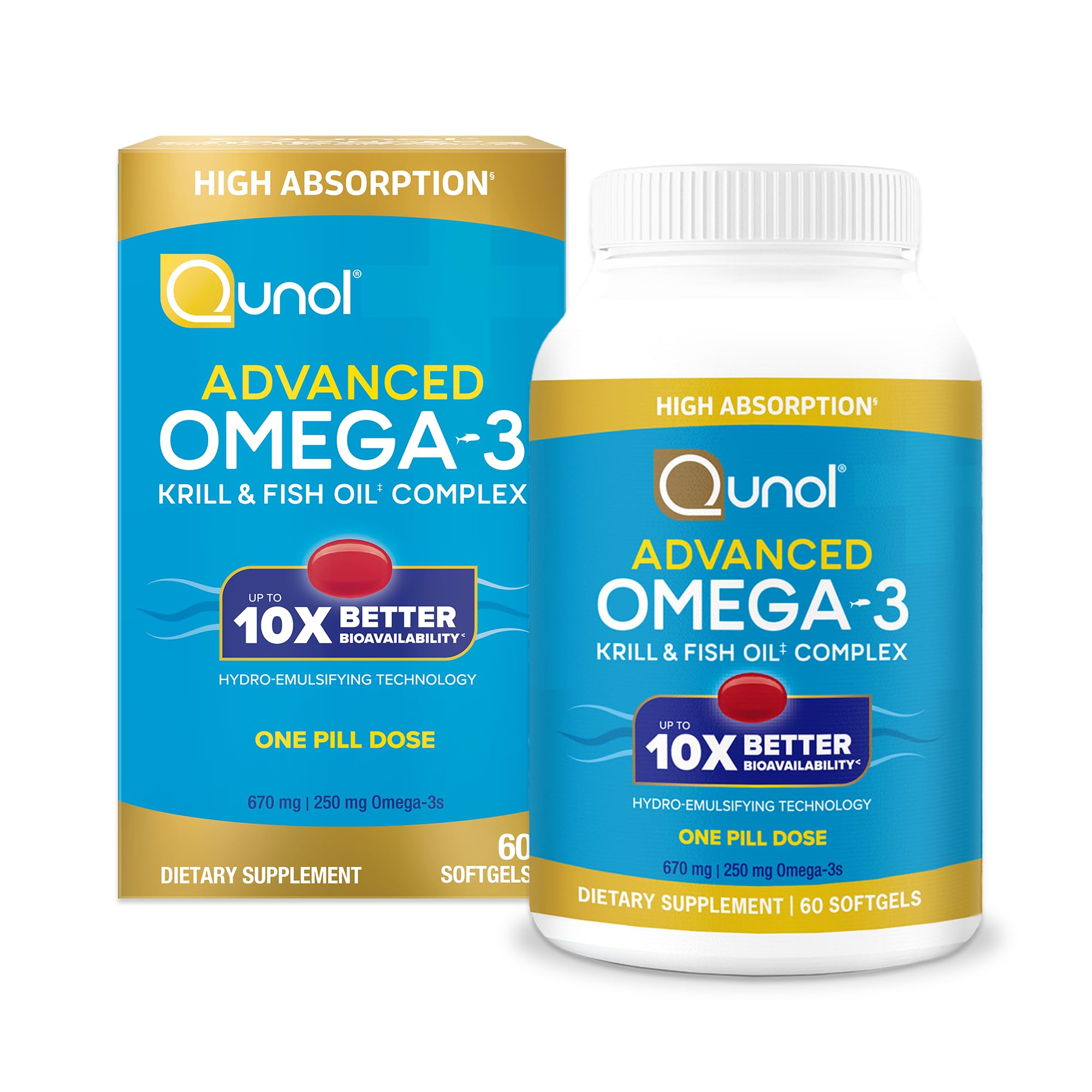 Qunol Advanced Omega 3 Krill and Fish Oil Complex, 10x Better Bioavailability, One Pill Dose, 250mg EPA & DHA, Supports Brain, Eye, Heart and Joint Health, 90 Count (Pack of 1)