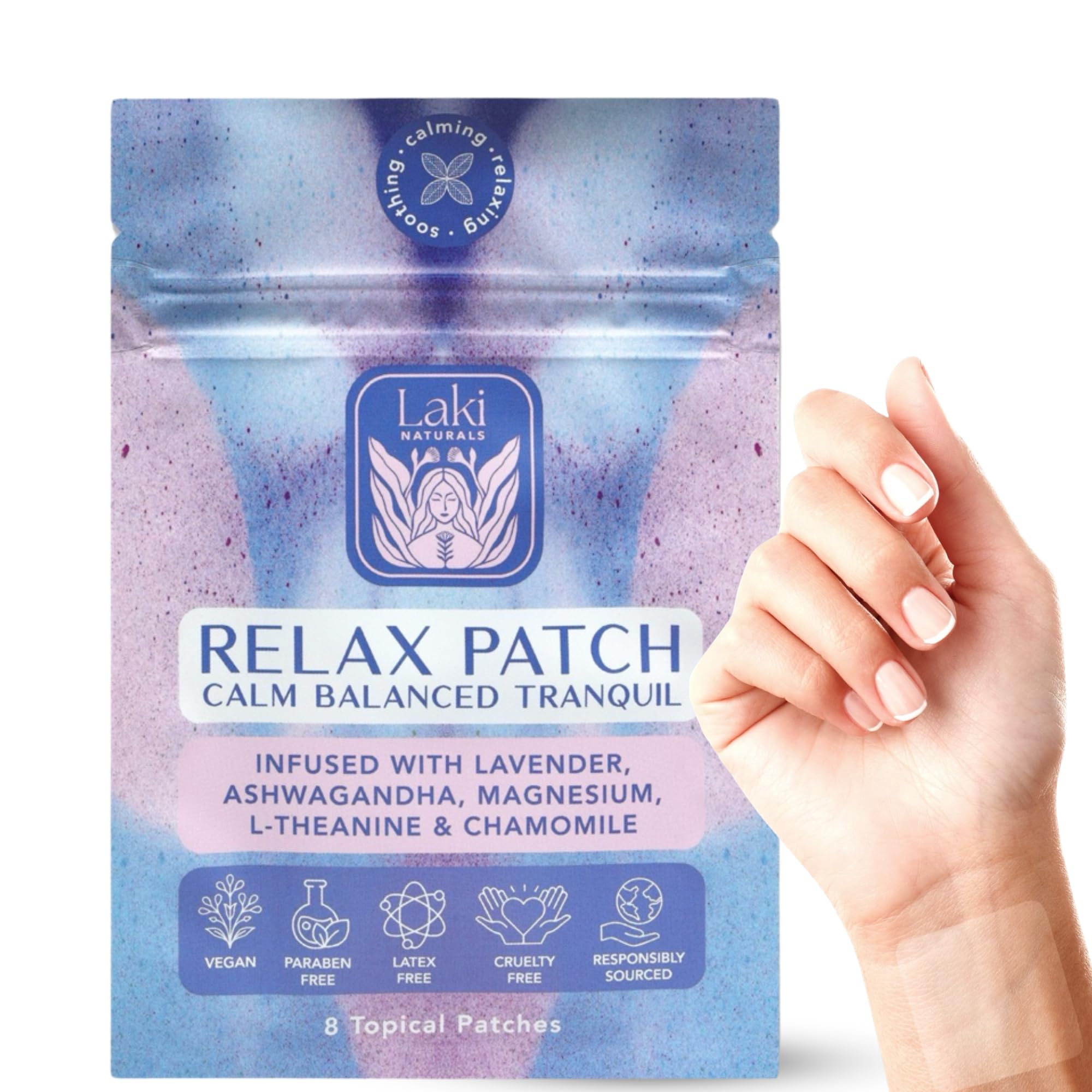 Laki Naturals Relax Patch (Pack of 8) | Natural Plant-Based Ingredients for Stress and Worry | Calming Formula for Better Sleep