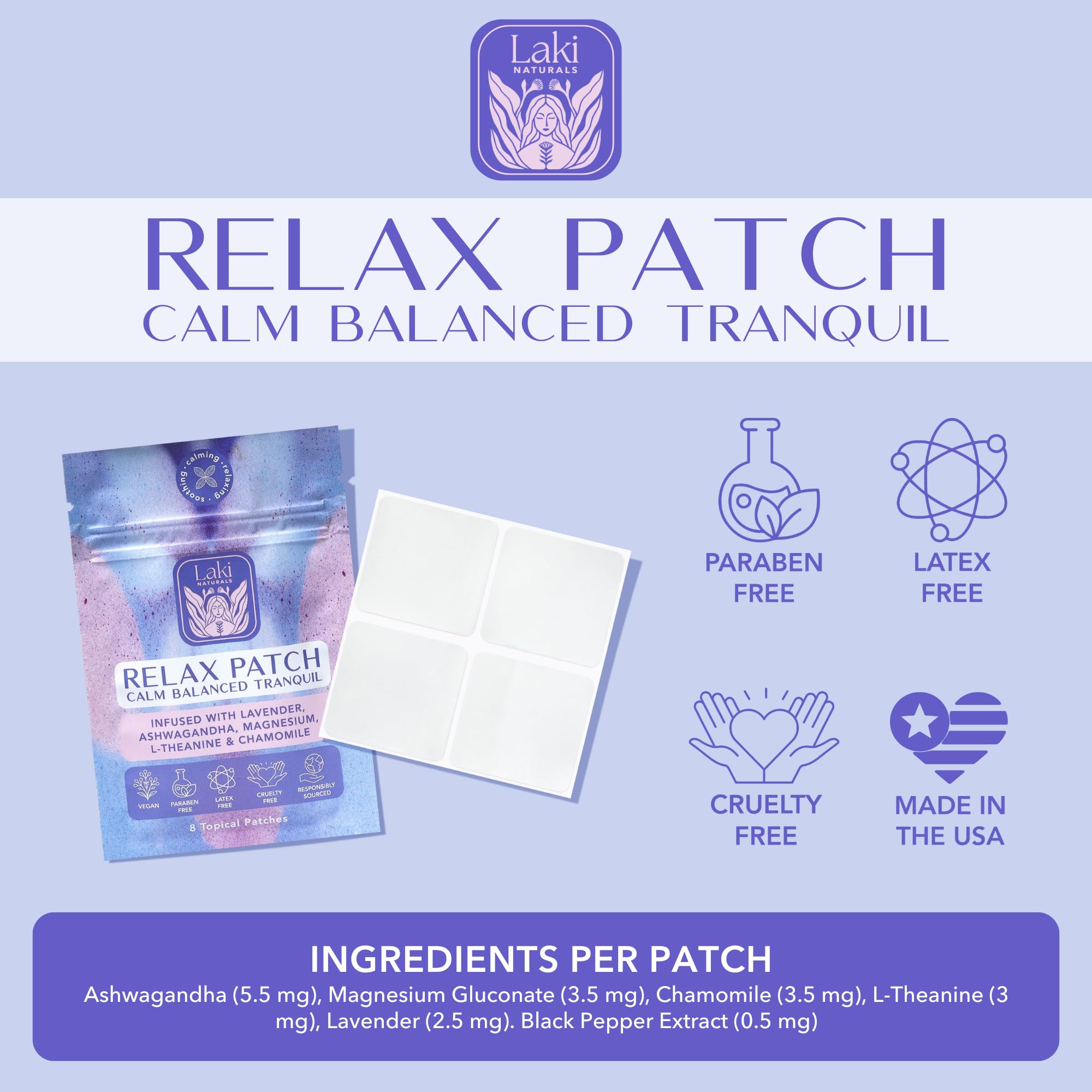 Laki Naturals Relax Patch (Pack of 8) | Natural Plant-Based Ingredients for Stress and Worry | Calming Formula for Better Sleep