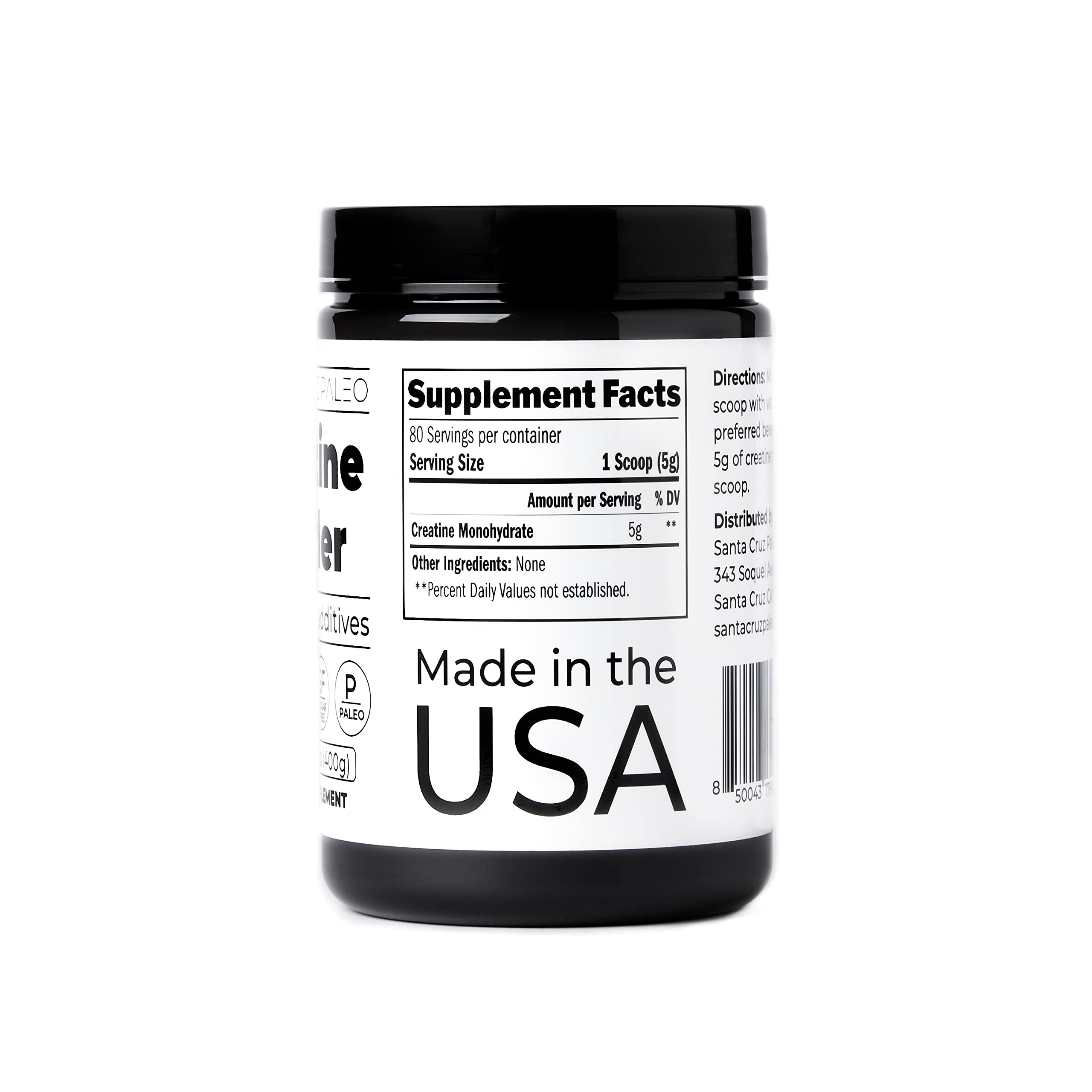 Santa Cruz Paleo, Creatine Monohydrate Powder Micronized, Unflavored Pre Workout and Muscle Support Supplement, Gluten Free Keto, Mix with Water or Shakes, No Fillers or Additives, 80 Servings, 400g