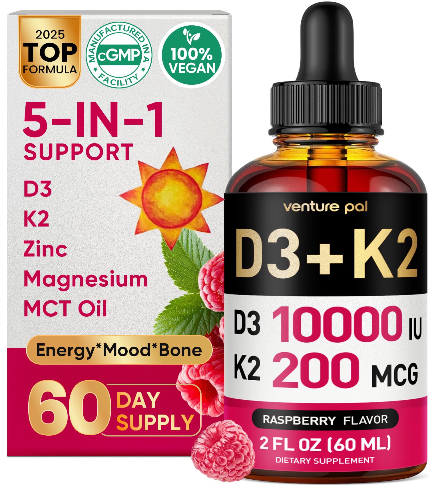 Venture Pal 5-in-1 Vitamin D3 10000 IU & K2 as MK-7 200mcg with Magnesium, MCT Oil, Zinc, Sugar-Free Vitamin D Liquid |Maximum Absorption for Bone, Mood & Immune Health - 2 FL OZ, 69 Days