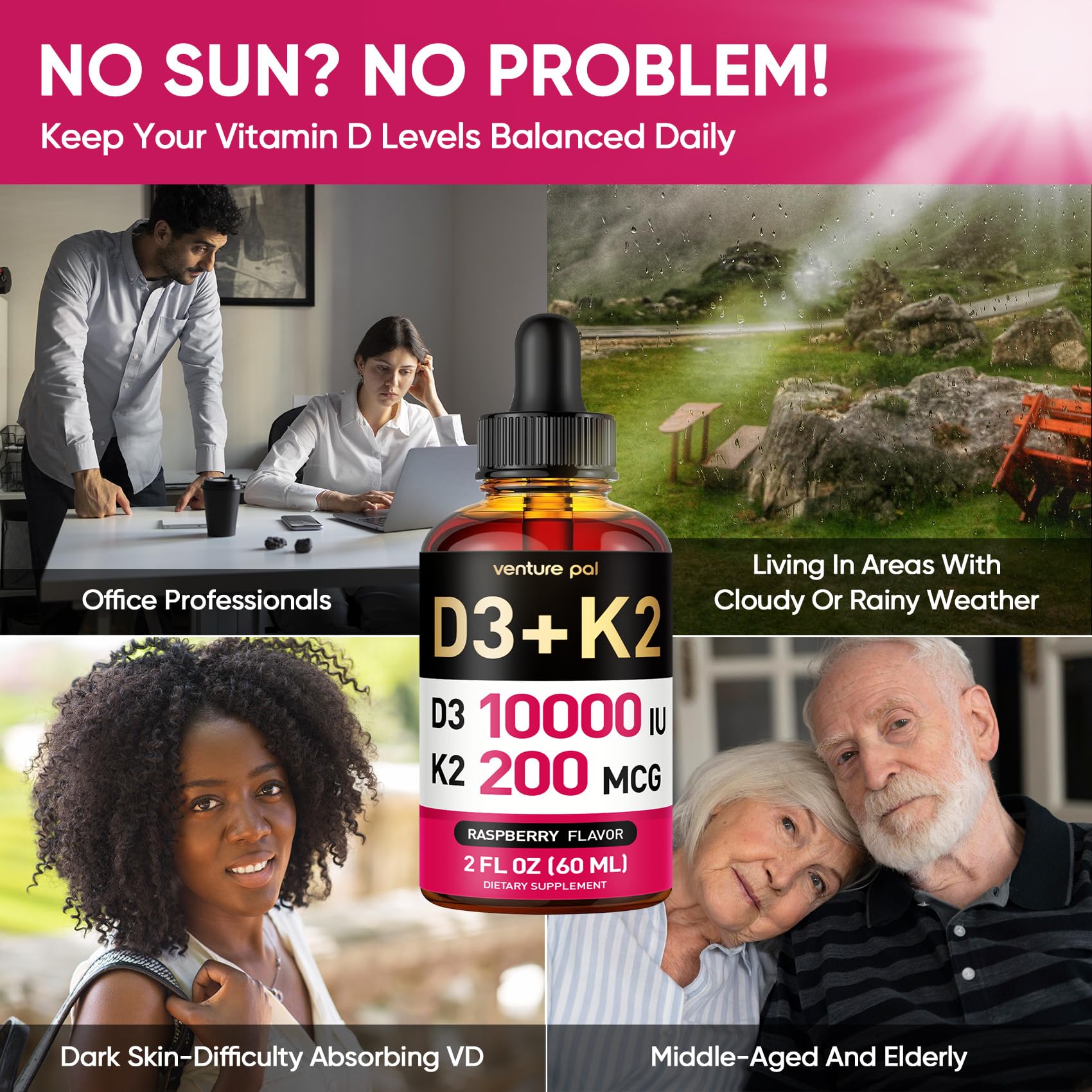 Venture Pal 5-in-1 Vitamin D3 10000 IU & K2 as MK-7 200mcg with Magnesium, MCT Oil, Zinc, Sugar-Free Vitamin D Liquid |Maximum Absorption for Bone, Mood & Immune Health - 2 FL OZ, 69 Days