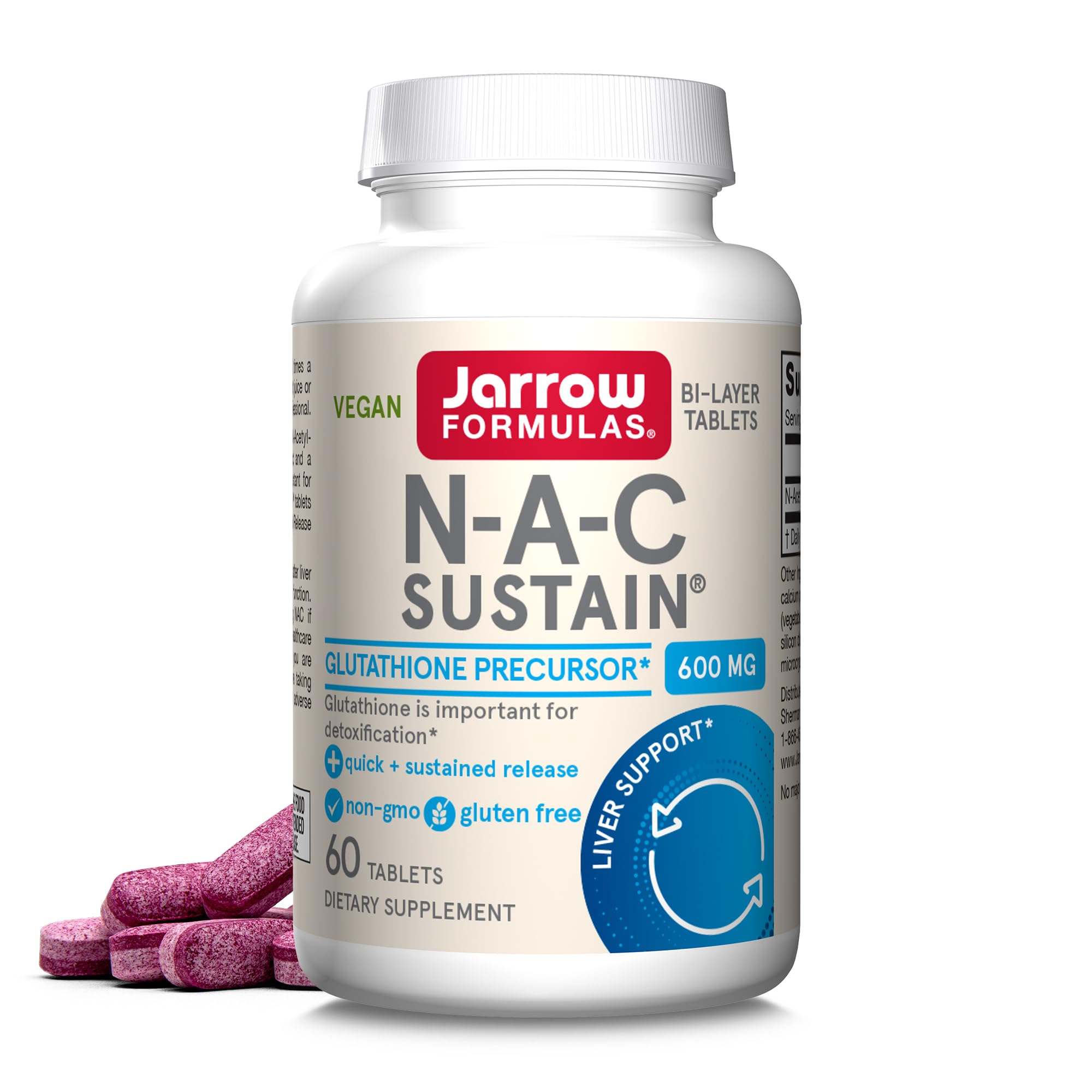 Jarrow Formulas N-A-C Sustain 600 mg, Dietary Supplement, NAC 600 mg, an Antioxidant Amino Acid Support for Liver Health, 60 Tablets, 60 Day Supply