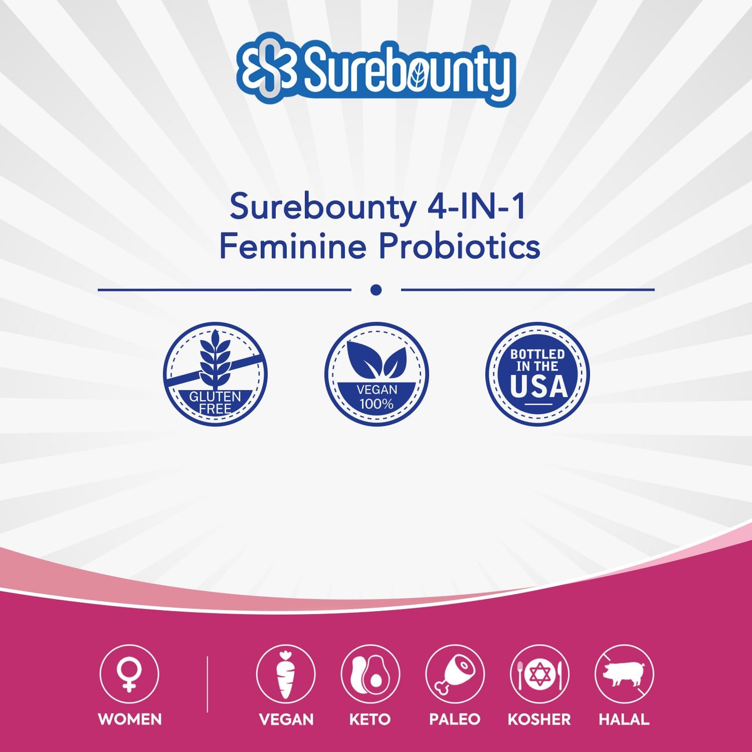 Surebounty Probiotics for Women, 120 Billion CFU 34 Strains, Prebiotics, Digestive Enzymes, Cranberry, 4-in-1 Feminine Probiotic, Digestive, Vaginal, Immune Support, 30ct