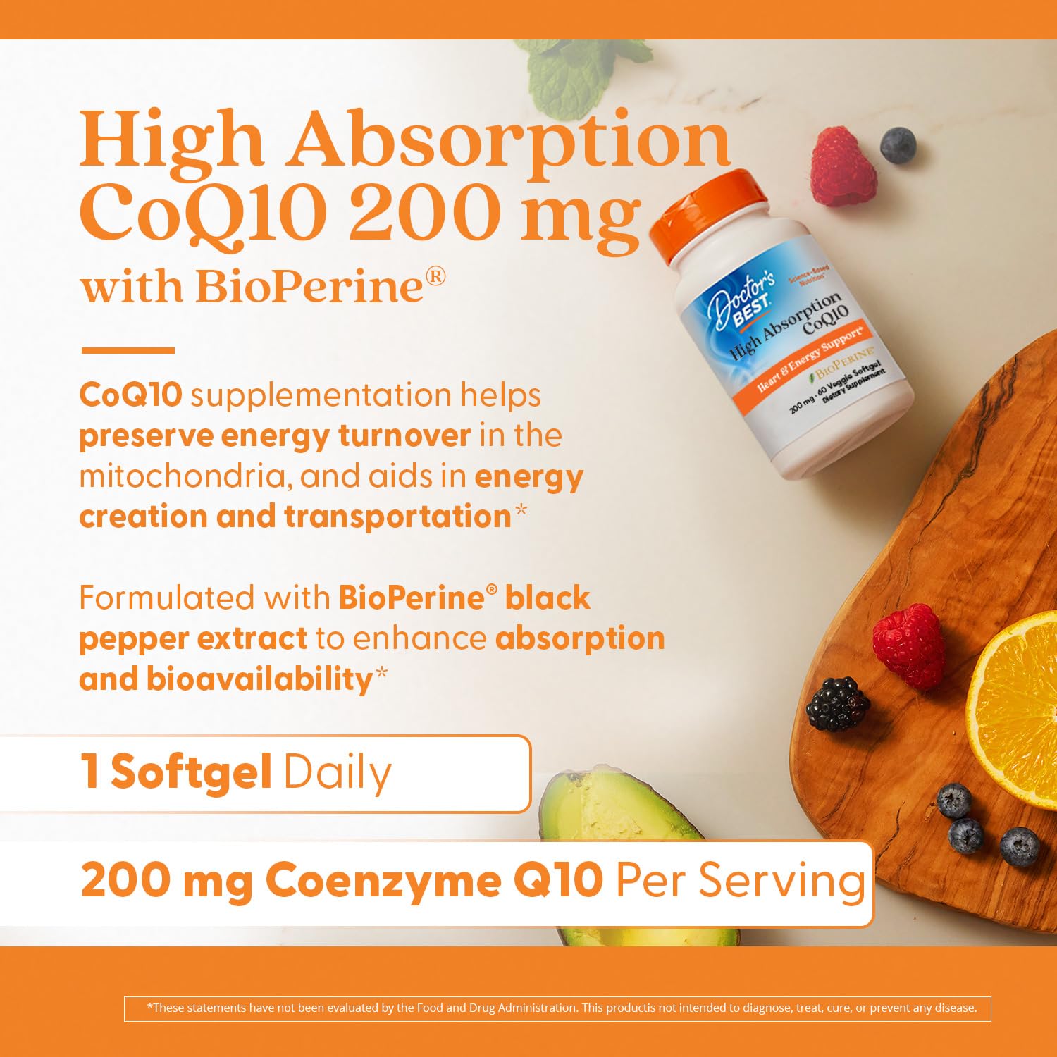 Doctor's Best High Absorption CoQ10 200mg with BioPerine Supplement - Coenzyme Q10 Softgels for Heart Health & Antioxidant Support, CoQ10 200 mg for Women & Men, Non GMO - 60 Veg Softgels