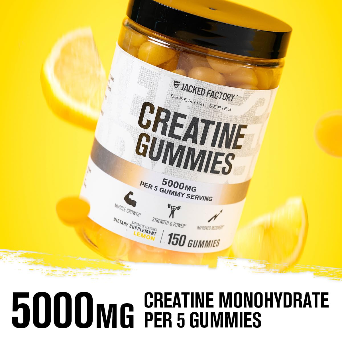 Jacked Factory Creatine Gummies 5g Daily Dose (1g per Gummy) - Creatine Gummy for Men and Women, Vegan-Friendly, Travel-Friendly, Third-Party Tested - 150 Gummies, Lemon